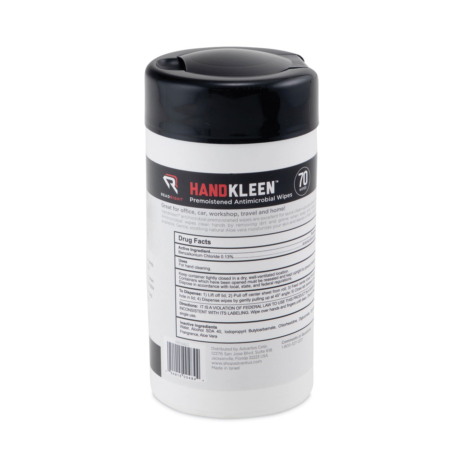 Read Right® HandKleen Premoistened Antibacterial Wipes, Cloth, 5.5 x 6.5, Unscented, White, 70/Tub