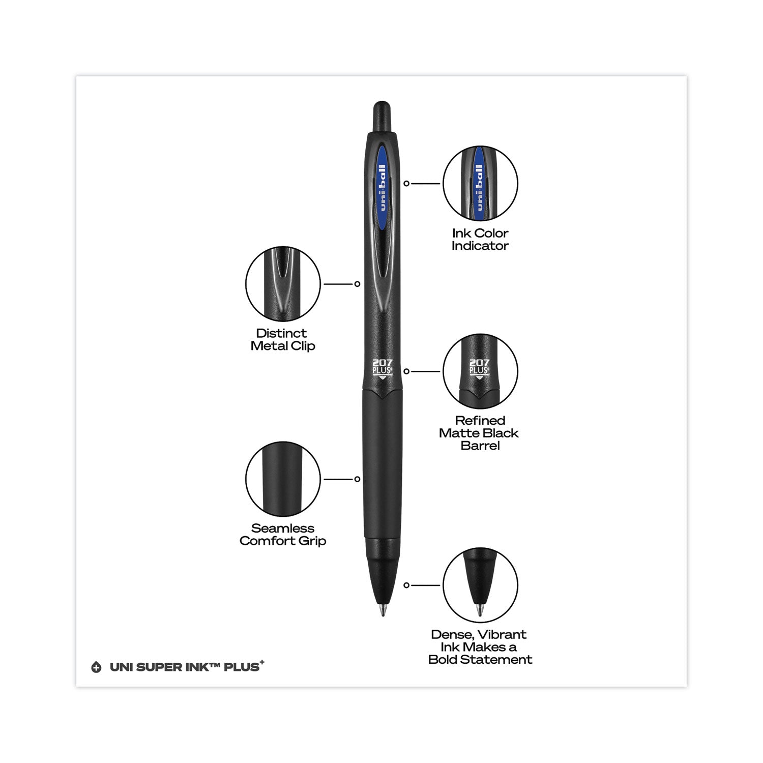 uniball® 207 Plus+ Gel Pen, Retractable, Medium 0.7 mm, Blue Ink, Black Barrel, Dozen