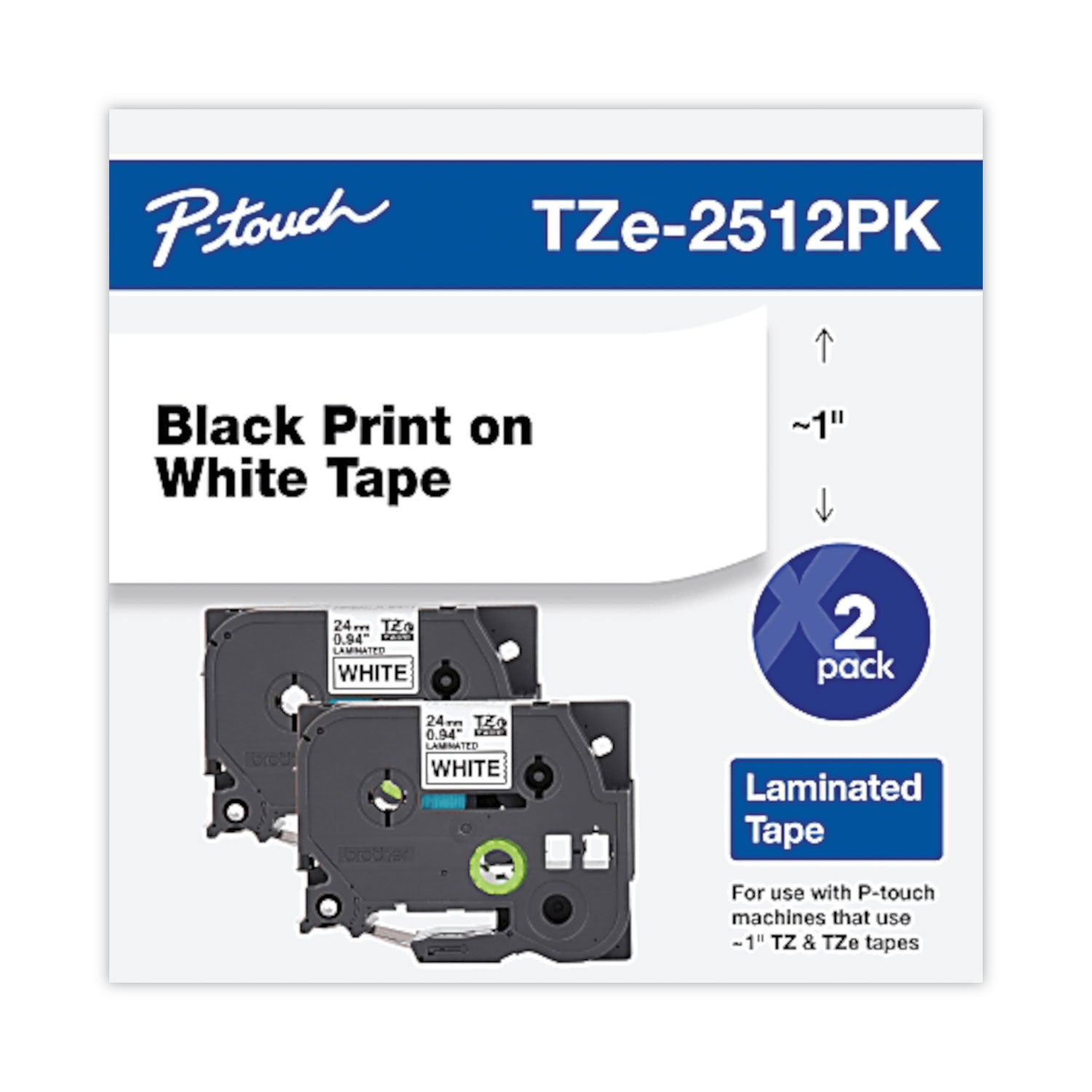 Brother P-Touch® TZe Standard Adhesive Laminated Labeling Tape, 0.94" x 26.2 ft, Black on White, 2/Pack