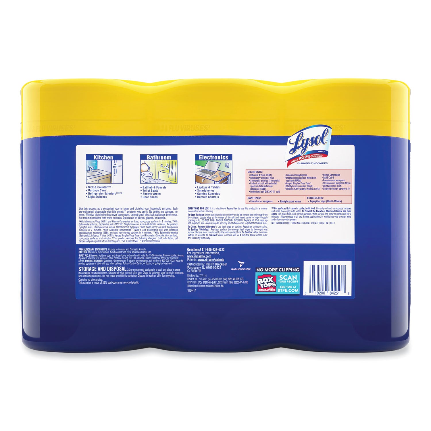 LYSOL® Brand Disinfecting Wipes, 1-Ply, 7 x 7.25, Lemon and Lime Blossom, White, 80 Wipes/Canister, 3 Canisters/Pack, 2 Packs/Carton
