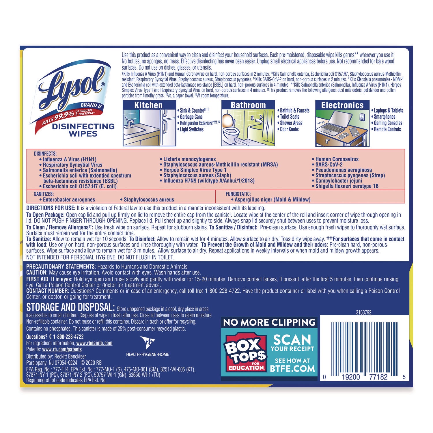 LYSOL® Brand Disinfecting Wipes, 1-Ply, 7 x 7.25, Lemon and Lime Blossom, White, 80 Wipes/Canister