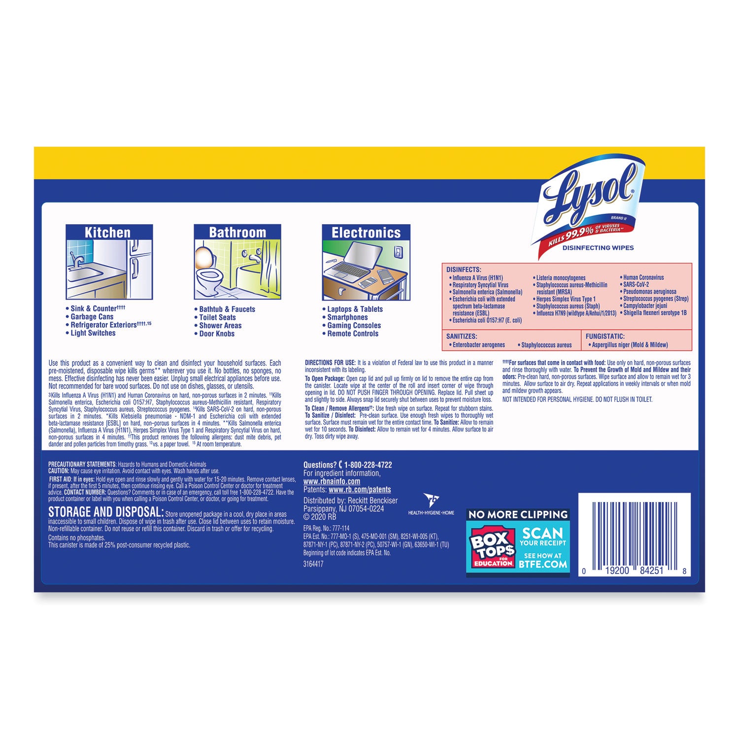 LYSOL® Brand Disinfecting Wipes, 1-Ply, 7 x 7.25, Lemon and Lime Blossom, White, 80 Wipes/Canister, 3 Canisters/Pack, 2 Packs/Carton