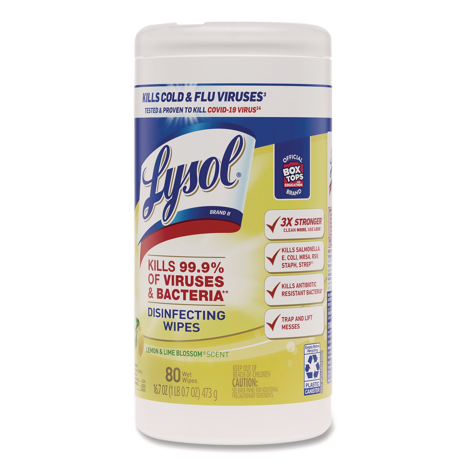 LYSOL® Brand Disinfecting Wipes, 1-Ply, 7 x 7.25, Lemon and Lime Blossom, White, 80 Wipes/Canister