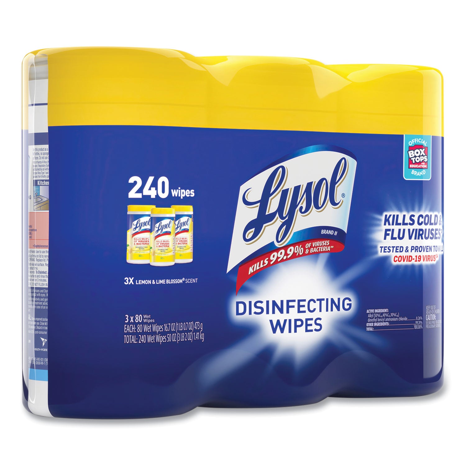 LYSOL® Brand Disinfecting Wipes, 1-Ply, 7 x 7.25, Lemon and Lime Blossom, White, 80 Wipes/Canister, 3 Canisters/Pack, 2 Packs/Carton