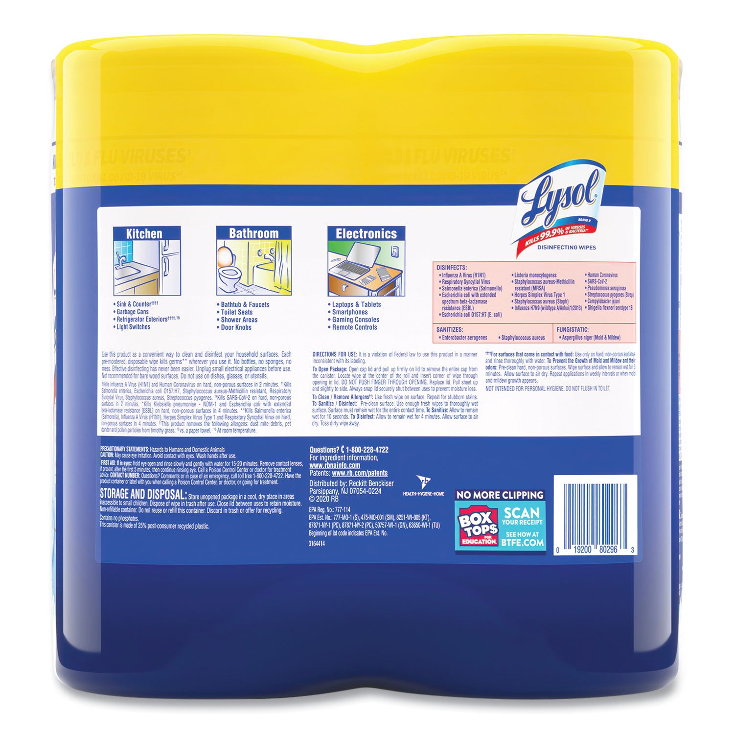 LYSOL® Brand Disinfecting Wipes, 1-Ply, 7 x 7.25, Lemon and Lime Blossom, White, 80 Wipes/Canister, 2 Canisters/Pack, 3 Packs/Carton