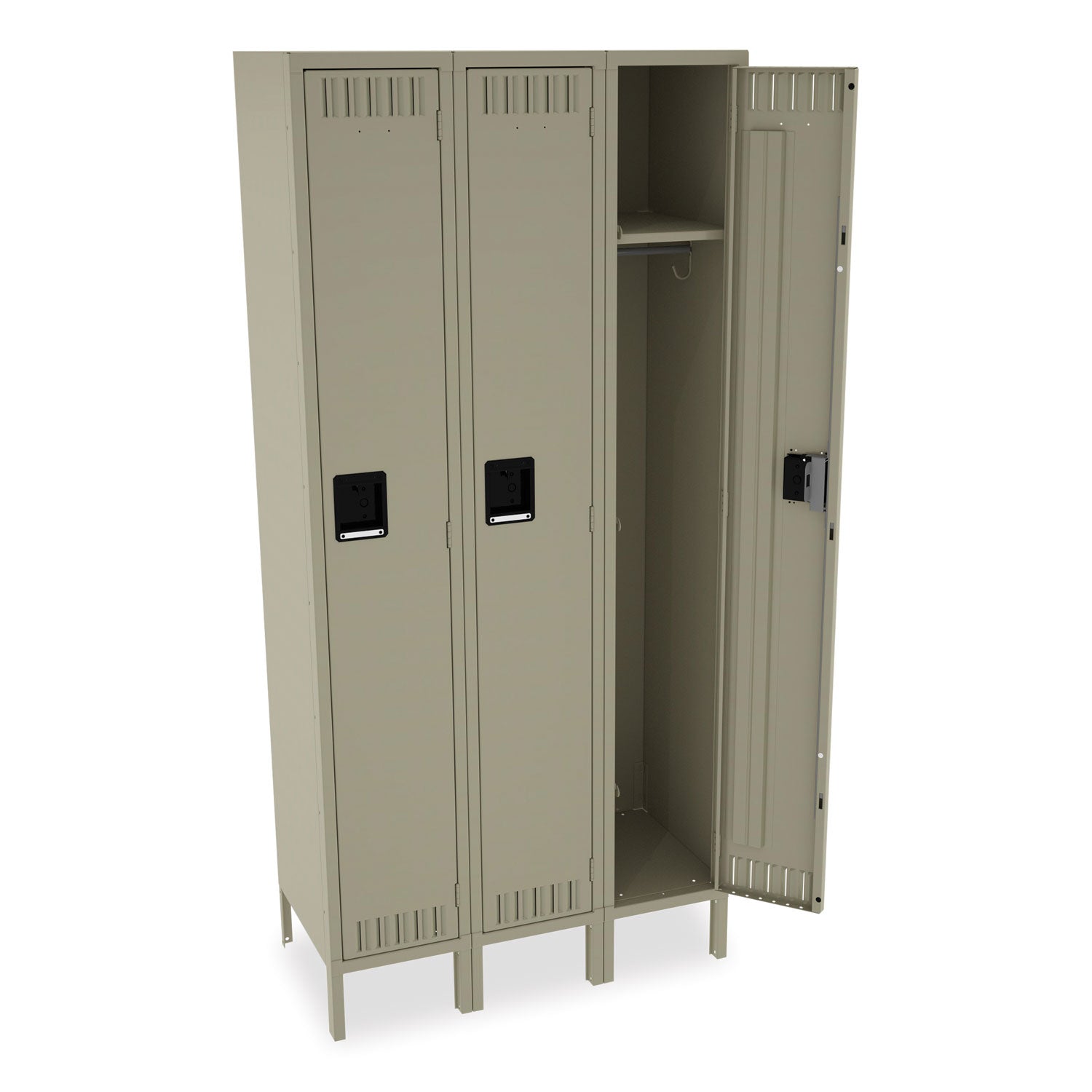 Tennsco Single-Tier Locker with Legs, Three Lockers with Hat Shelves and Coat Rods, 36w x 18d x 78h, Sand