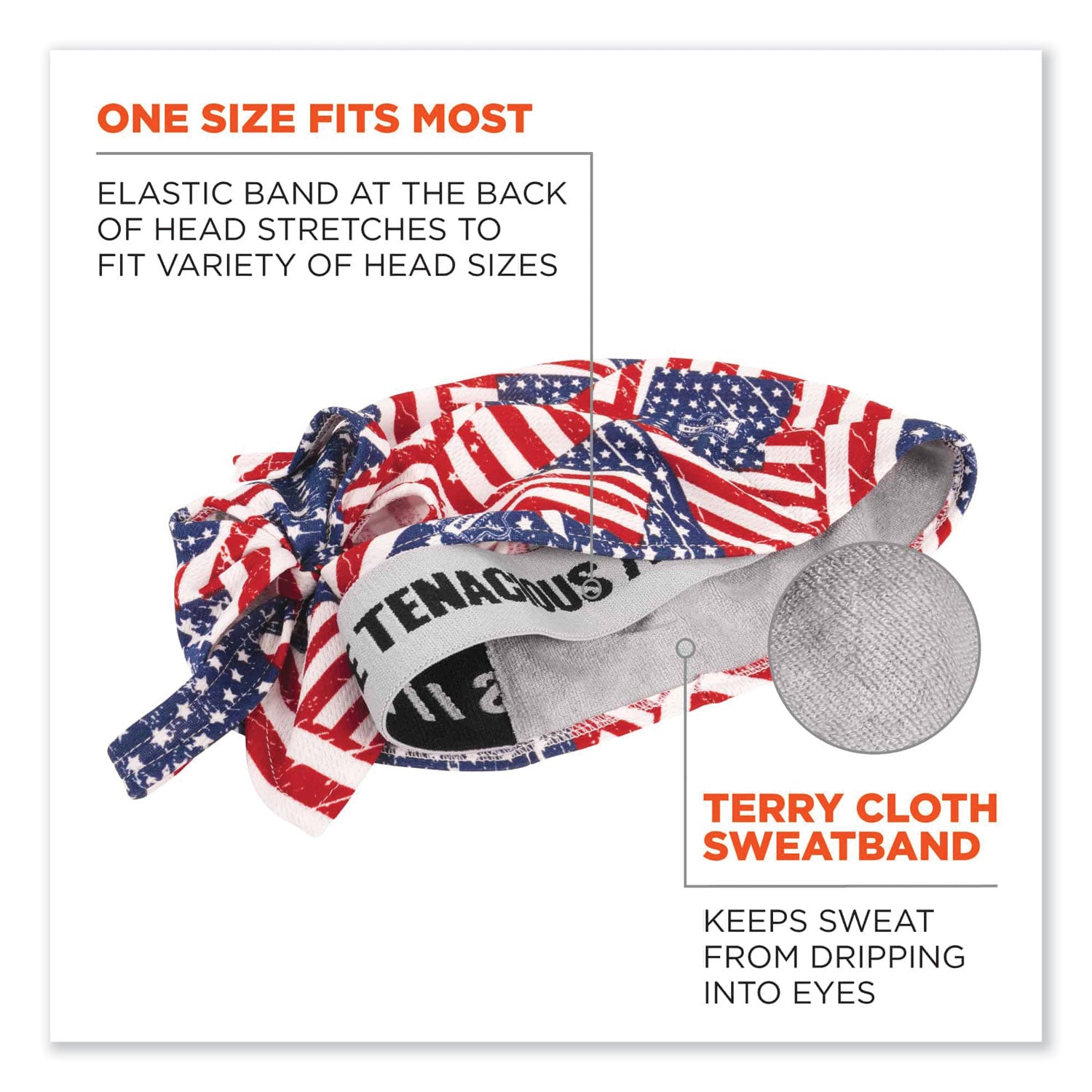 Ergodyne® Chill-Its 6615 High-Performance Bandana Doo Rag with Terry Cloth Sweatband, One Size Fits Most, Stars and Stripes