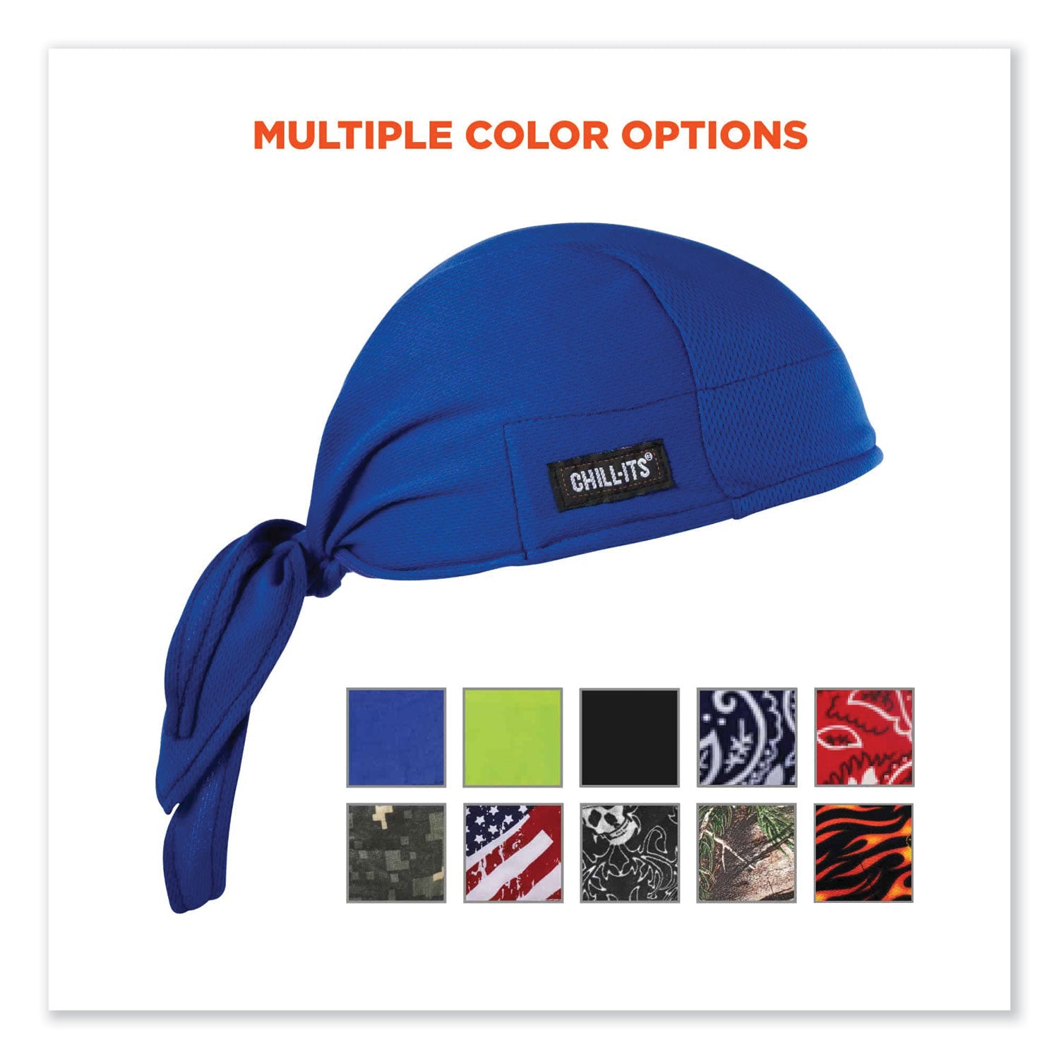Ergodyne® Chill-Its 6615 High-Performance Bandana Doo Rag with Terry Cloth Sweatband, One Size Fits Most, Blue