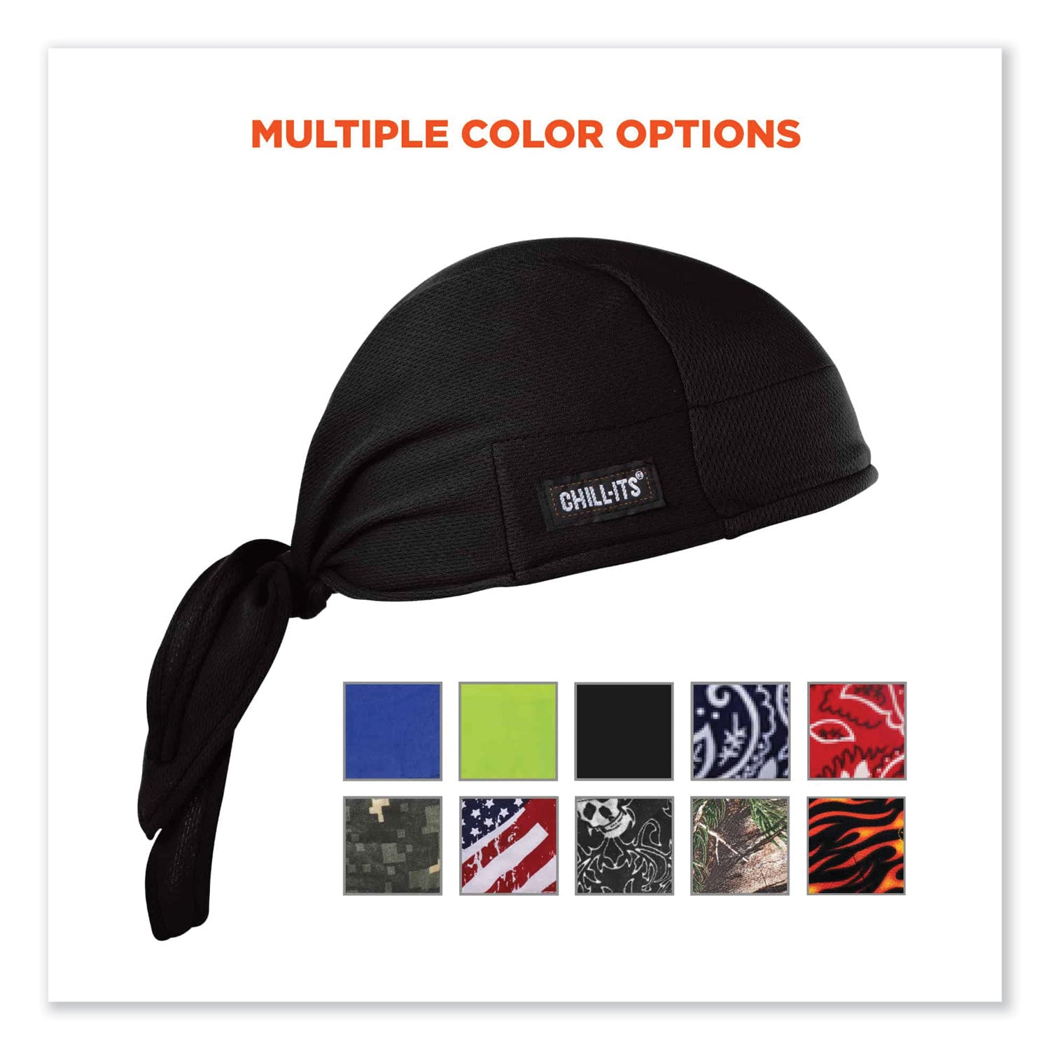 Ergodyne® Chill-Its 6615 High-Performance Bandana Doo Rag with Terry Cloth Sweatband, One Size Fits Most, Black