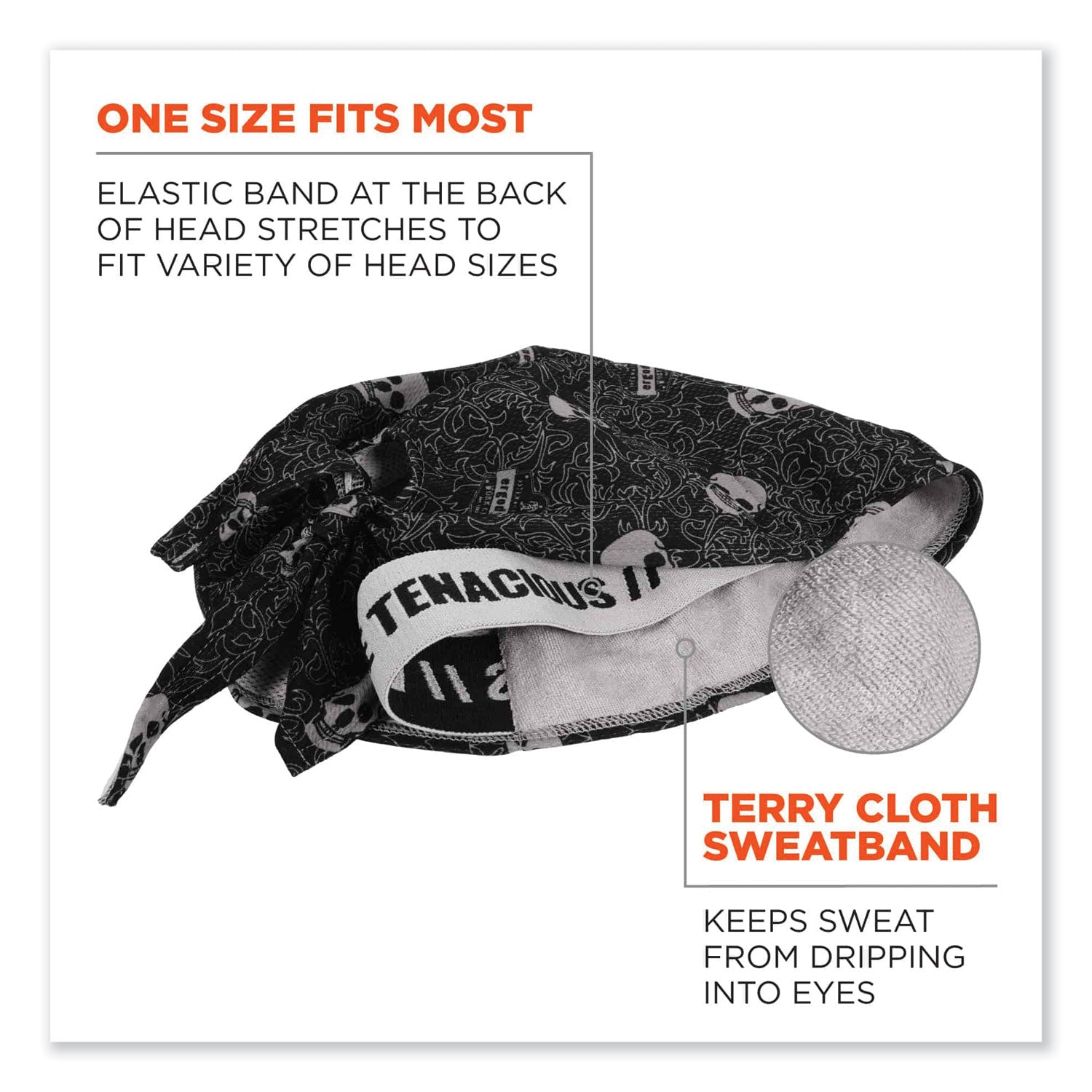 Ergodyne® Chill-Its 6615 High-Performance Bandana Doo Rag with Terry Cloth Sweatband, One Size Fits Most, Skulls