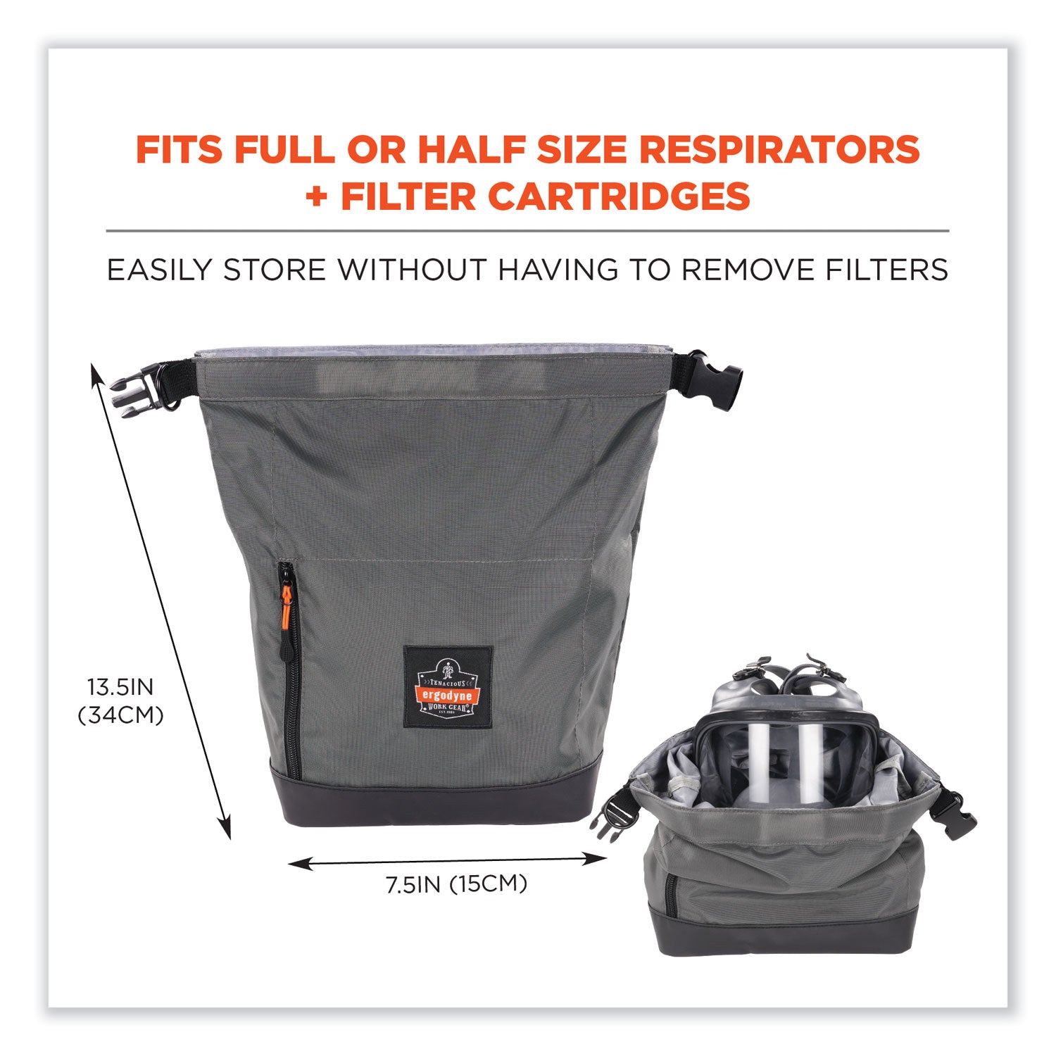 ergodyne® Arsenal 5186 Full Respirator Bag with Roll Top Closure, 7.5 x 13.5 x 13.5, Gray