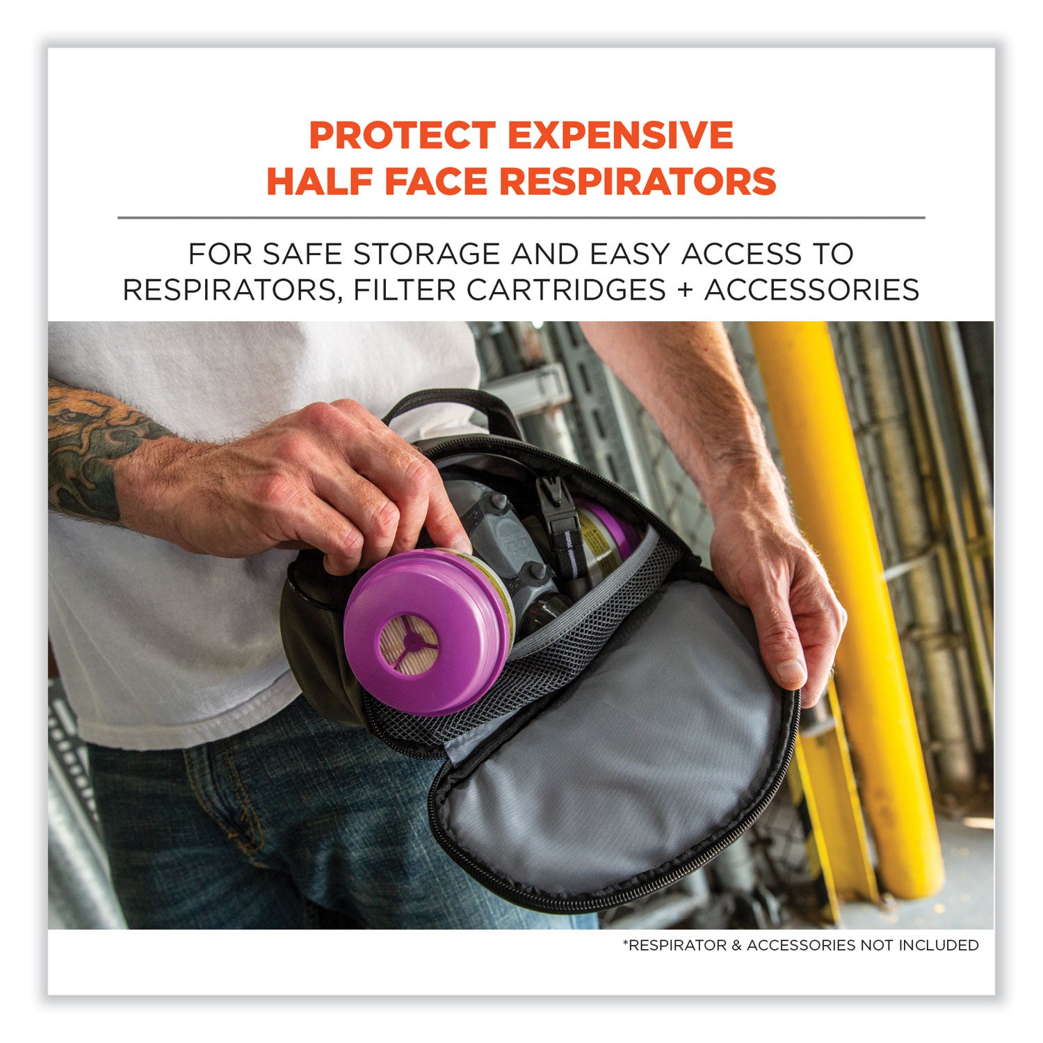 ergodyne® Arsenal 5187 Clamshell Half Respirator Bag with Zipper Closure, 4 x 9 x 5, Gray