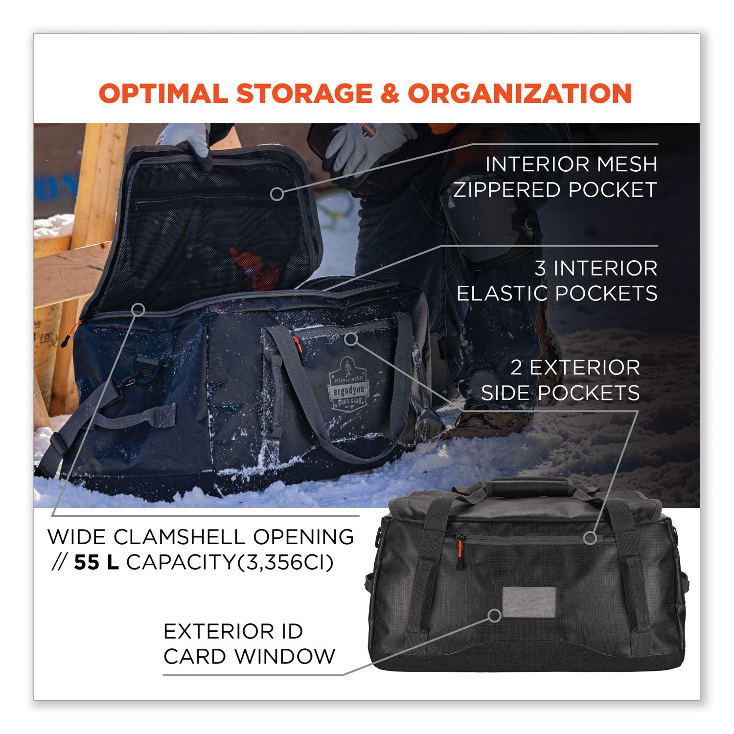 ergodyne® Arsenal 5031 Water-Resistant Duffel Bag, Small, 12.2 x 23.2 x 12.6, Black