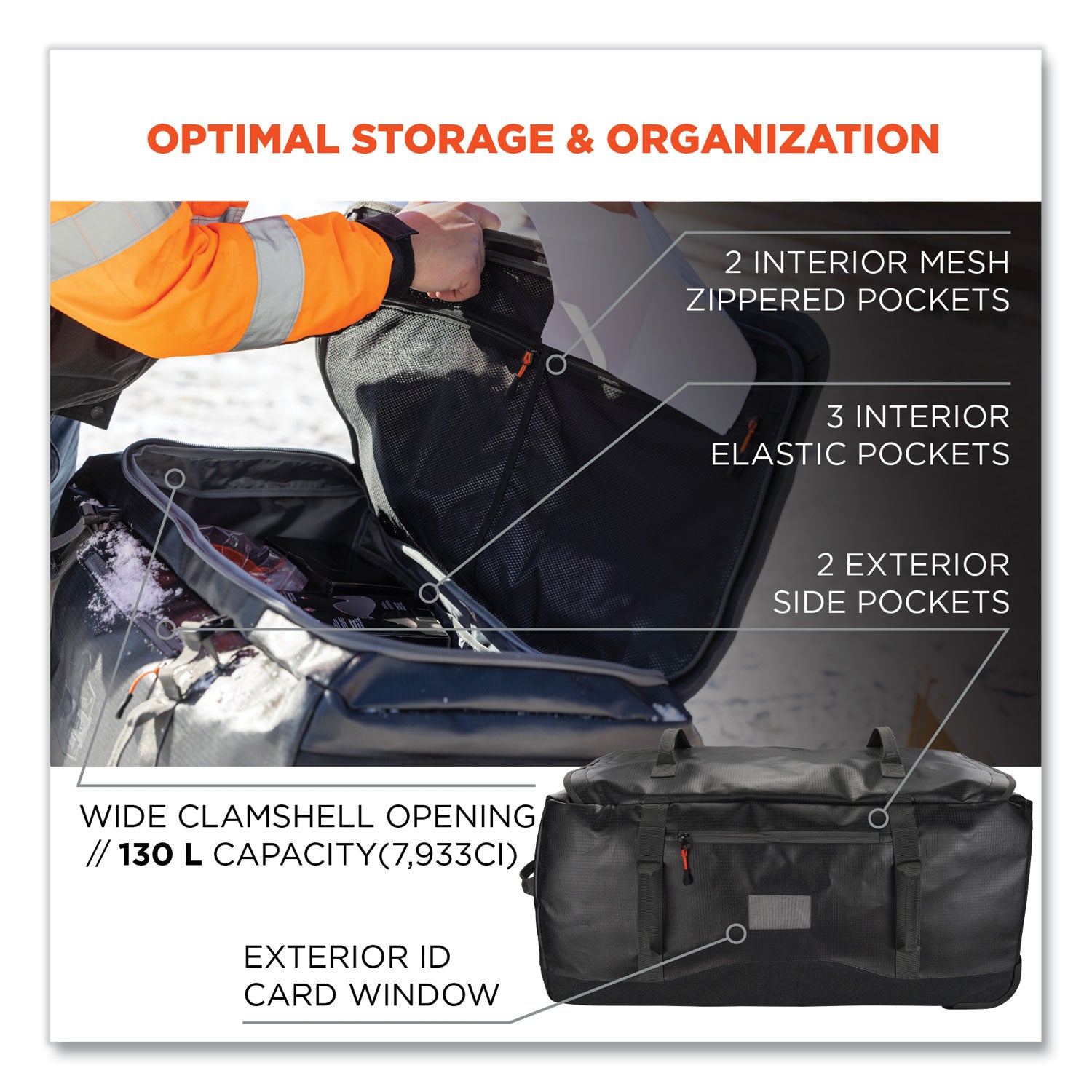 ergodyne® Arsenal 5032 Water-Resistant Wheeled Duffel Bag, 15 x 31.5 x 15, Black