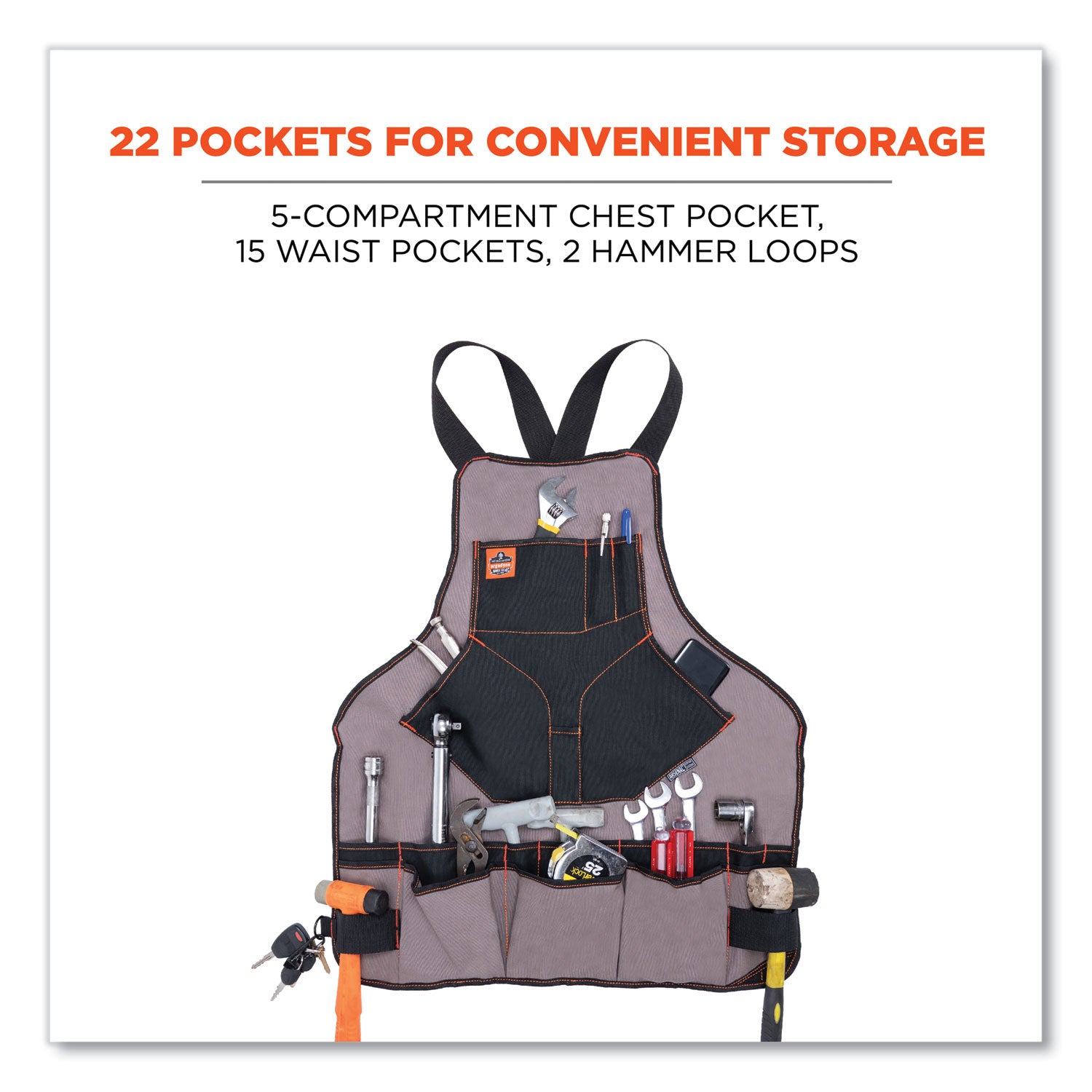 ergodyne® Arsenal 5704 Canvas Tool Apron, 22 Compartments, 25.5 x 28, Canvas, Gray