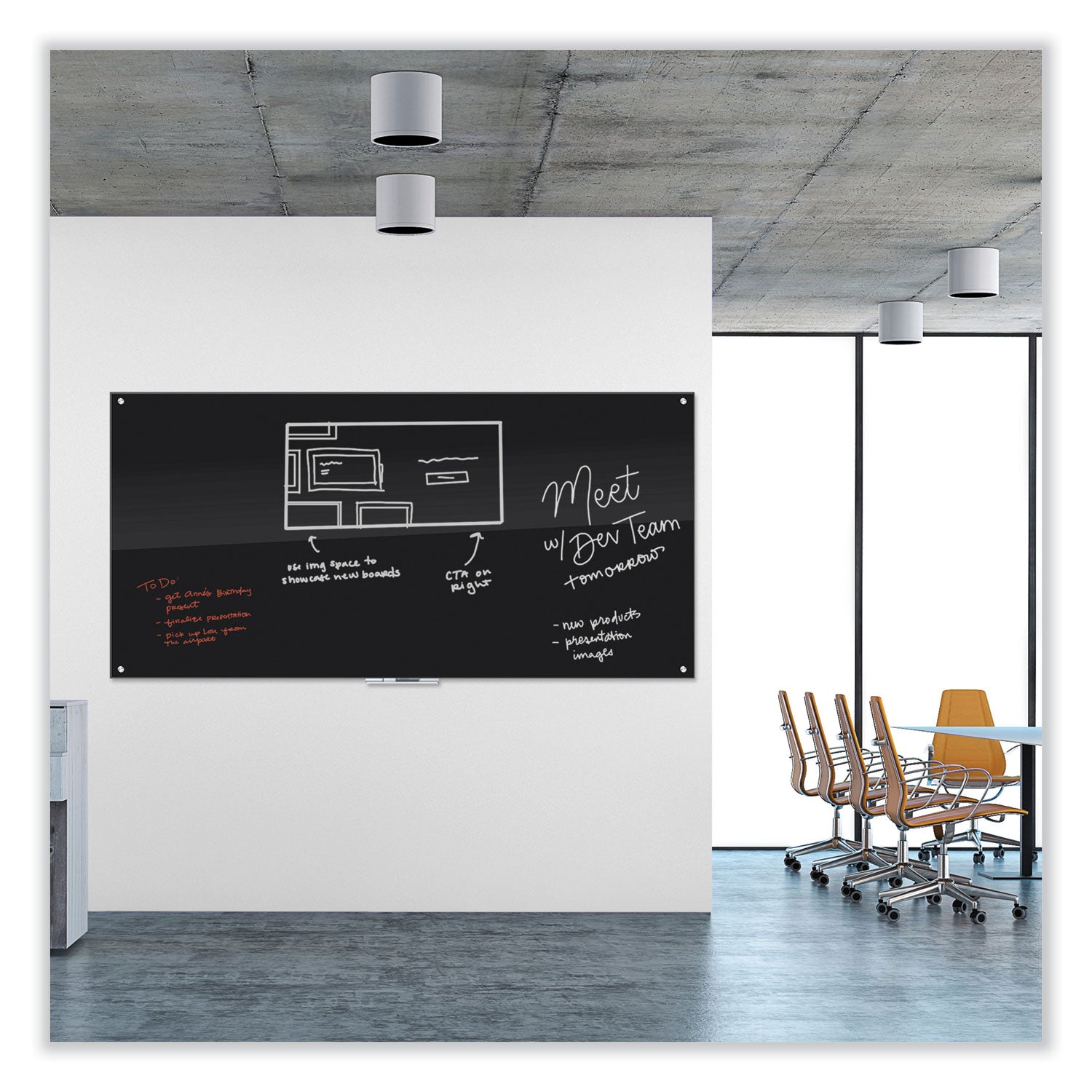 U Brands Black Glass Dry Erase Board, 96" X 48" (Actual Size: 95" x 47"), Black Surface