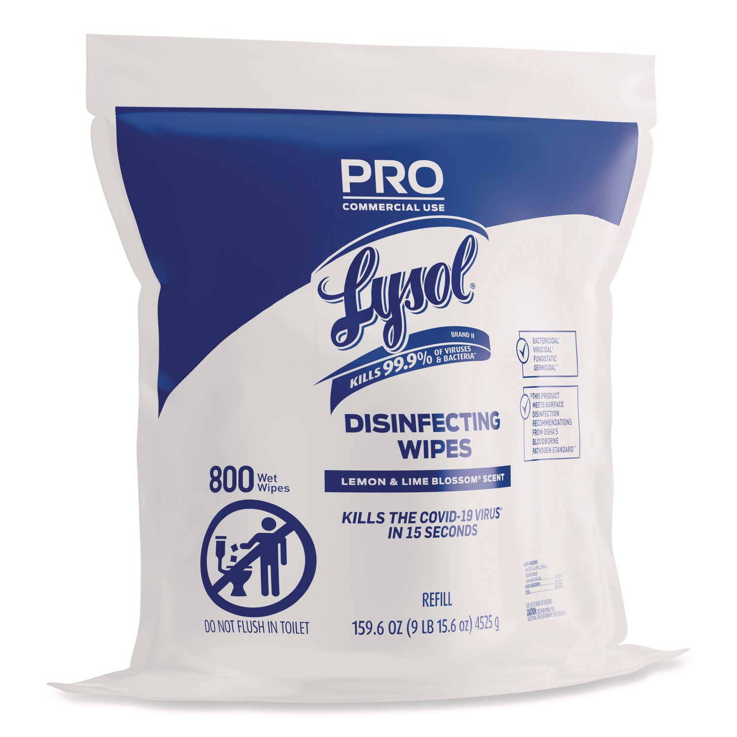 LYSOL® Brand Professional Disinfecting Wipe Bucket Refill, 1-Ply, 6 x 8, Lemon and Lime Blossom, White, 800 Wipes/Bag, 2 Refill Bags/CT