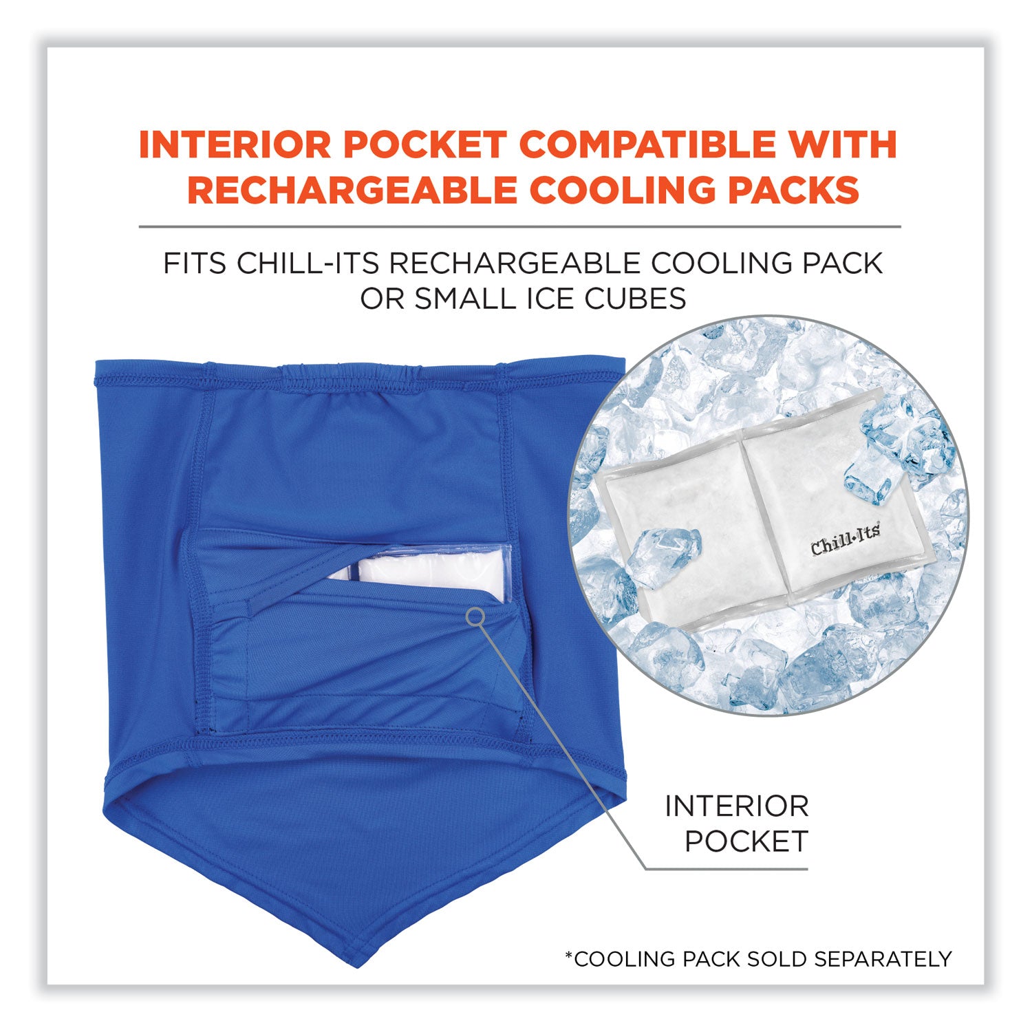 ergodyne® Chill-Its 6483 Cooling Neck Gaiter Bandana Pocket, Polyester/Spandex, Small/Medium, Blue