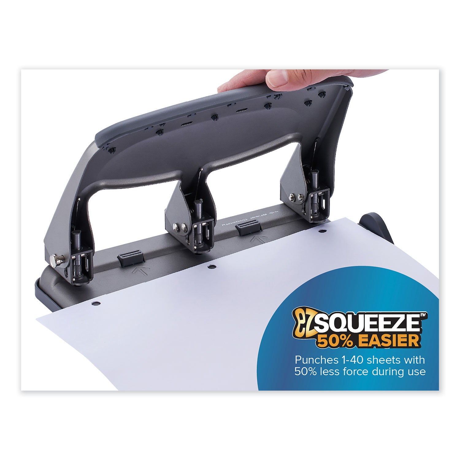 Bostitch® 40-Sheet EZ Squeeze Antimicrobial Protected Heavy-Duty Three-Hole Punch, 9/32" Holes, Gray