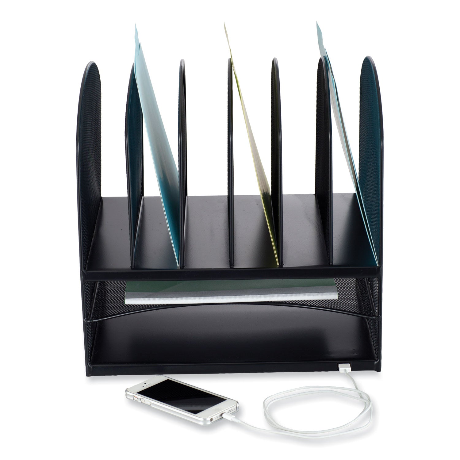 Safco® Powered Onyx Desk Organizer with 2 Horizontal and 6 Upright Sections, Letter Size Files, 13.5 x 11.5 x 13, Black