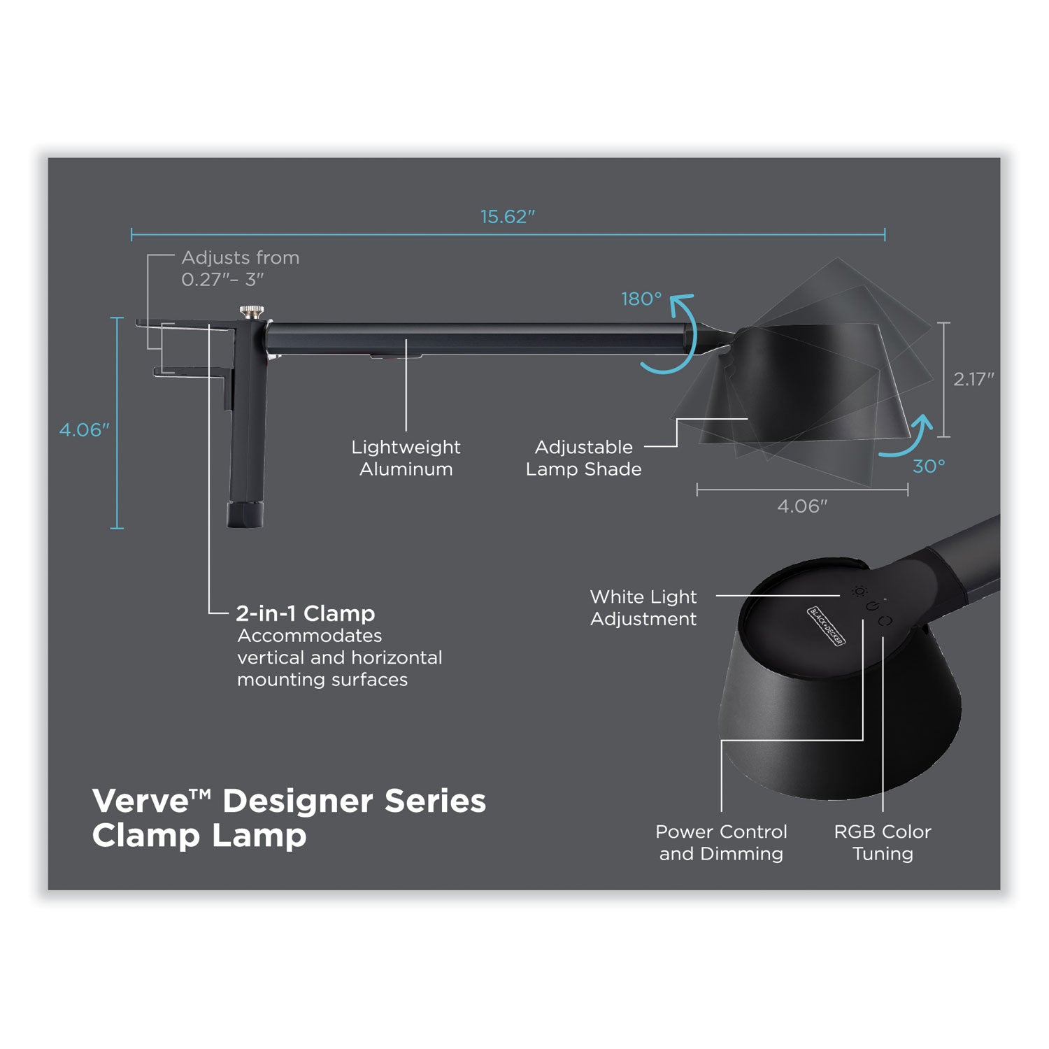 BLACK+DECKER PureOptics Verve Designer Series LED Desk Lamp with Clamp Base, 13.58" High, Black