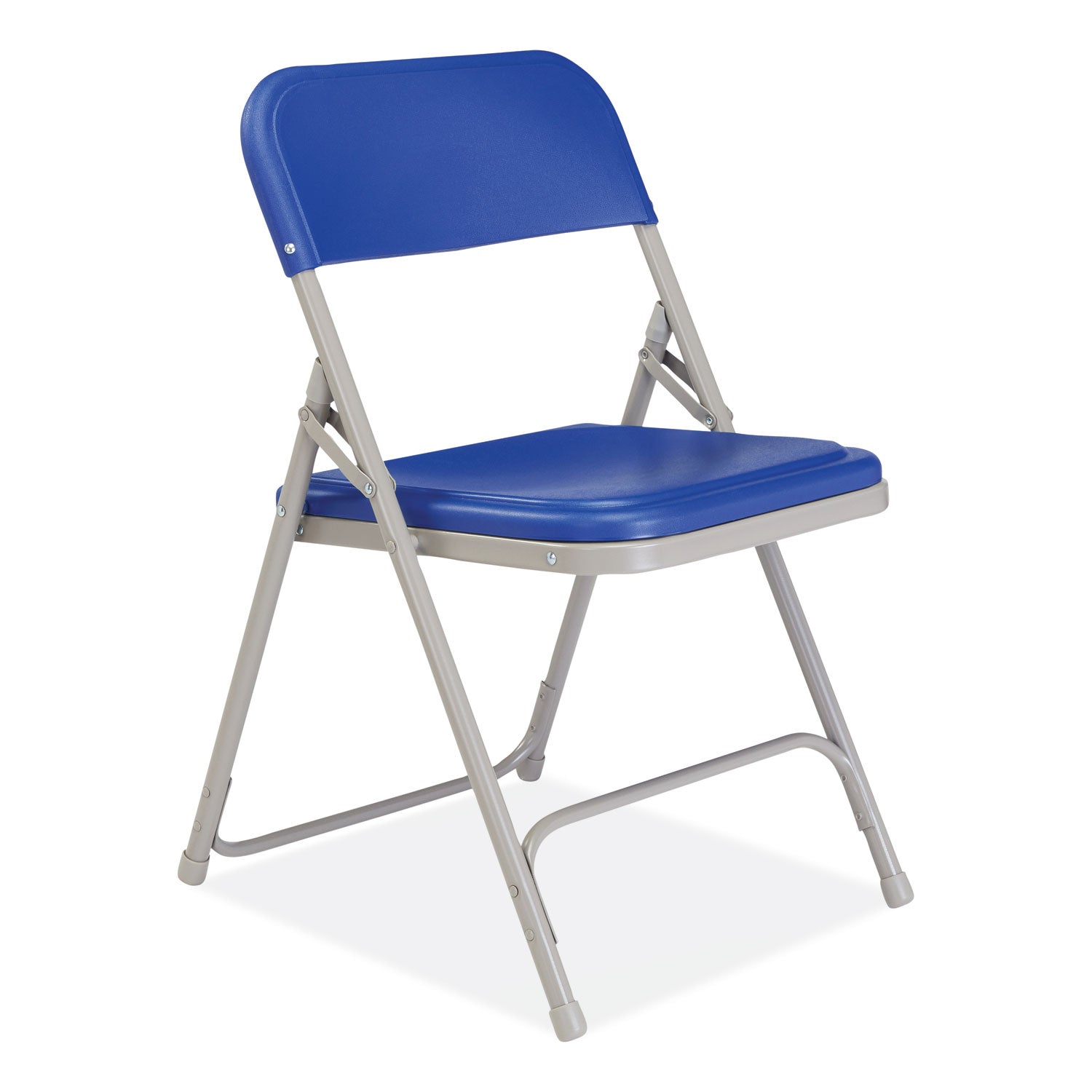 NPS® 800 Series Premium Plastic Folding Chair, Supports Up to 500 lb, 18" Seat Height, Blue Seat, Blue Back, Gray Base, 4/Carton