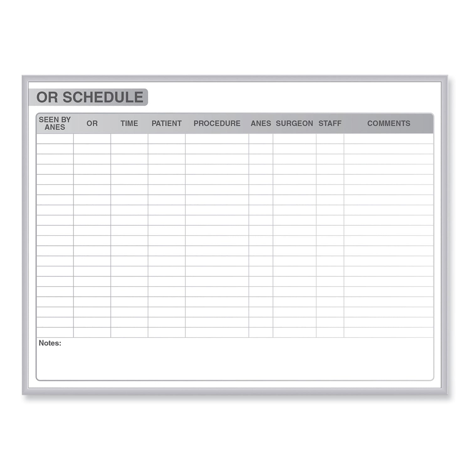 OR Schedule Magnetic Whiteboard, 96.5 x 48.5, White/Gray Surface, Satin Aluminum Frame