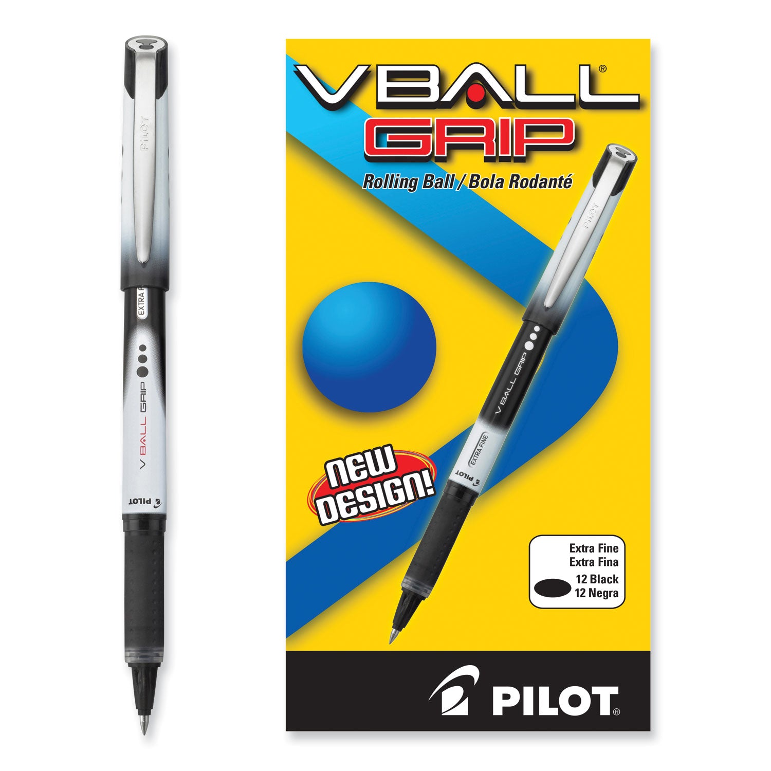 Pilot® VBall Grip Liquid Ink Rollerball Pen, Stick, Extra-Fine 0.5 mm, Black Ink, Black/White Barrel, Dozen