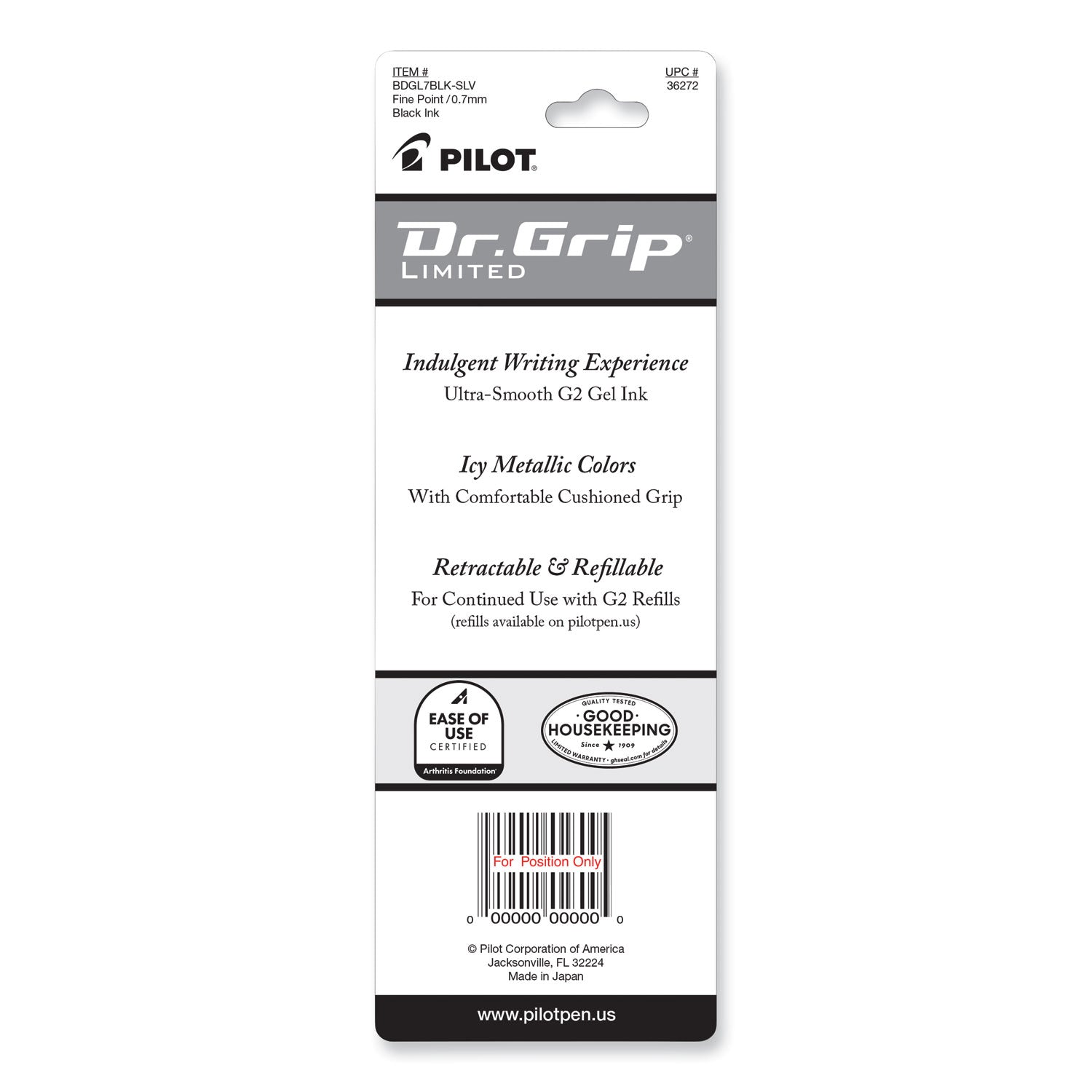 Pilot® Dr. Grip Limited Gel Pen, Retractable, Fine 0.7 Mm, Black Ink, Platinum Barrel