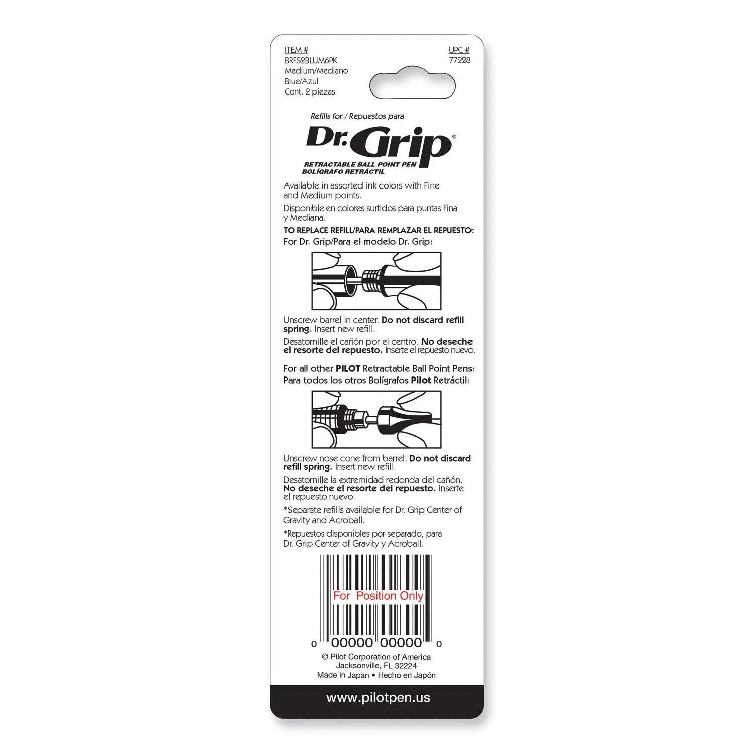 Refill for Dr. Grip, Easytouch, The Better, B2P and Rex Grip BeGreen Ballpoint Pens, Medium Conical Tip, Blue Ink, 2/Pack Pilot® Flipcost