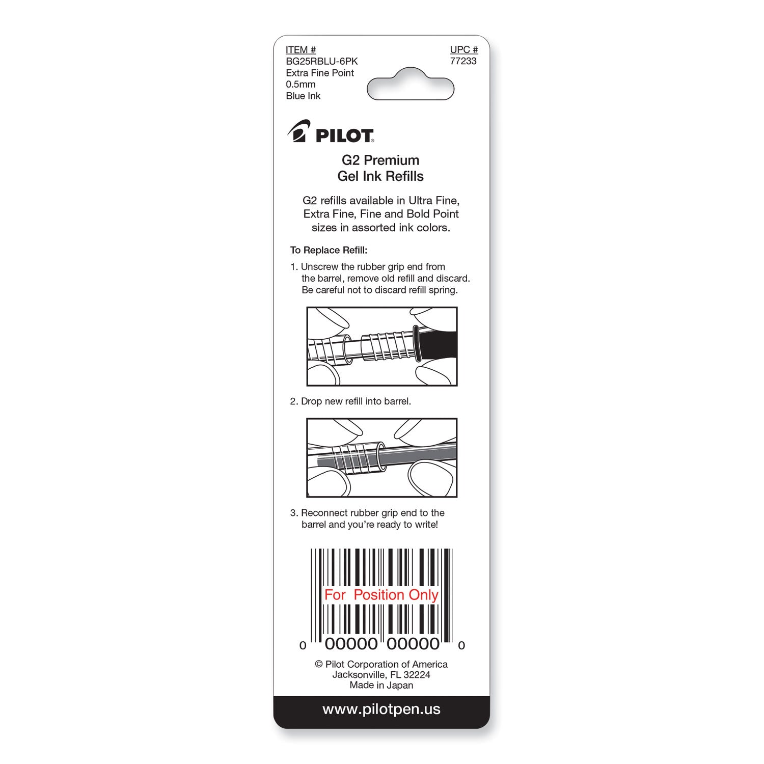 Pilot® Refill For Pilot B2p, Dr Grip, G2, G6, Mr Metropolitan, Precise Begreen And Q7 Gel Pens, Extra-Fine Tip, Blue Ink, 2/pack