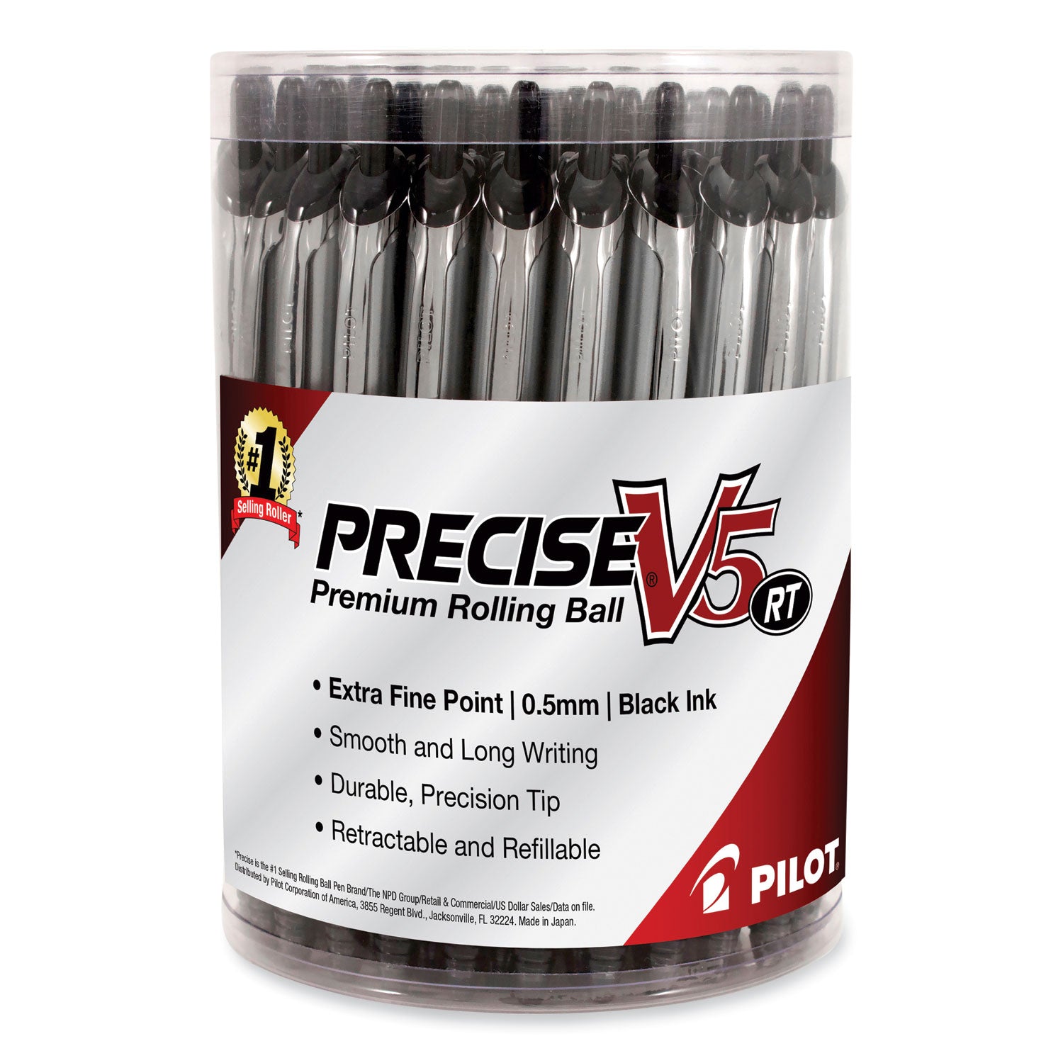 Pilot® Precise V5RT Rollerball Pen, Retractable, Extra-Fine 0.5 mm, Black Ink, Black Barrel, 30/Pack