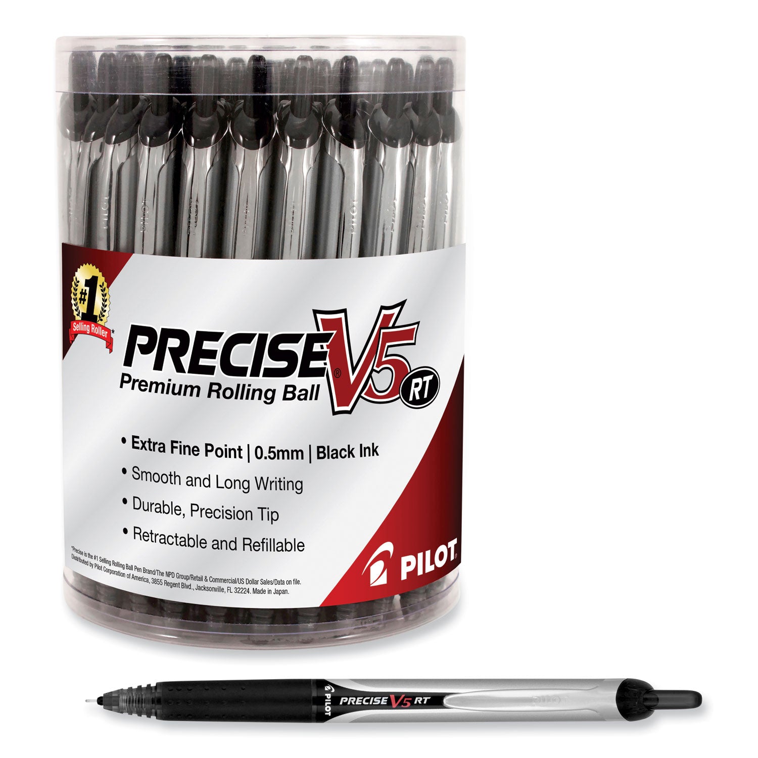 Pilot® Precise V5RT Rollerball Pen, Retractable, Extra-Fine 0.5 mm, Black Ink, Black Barrel, 30/Pack