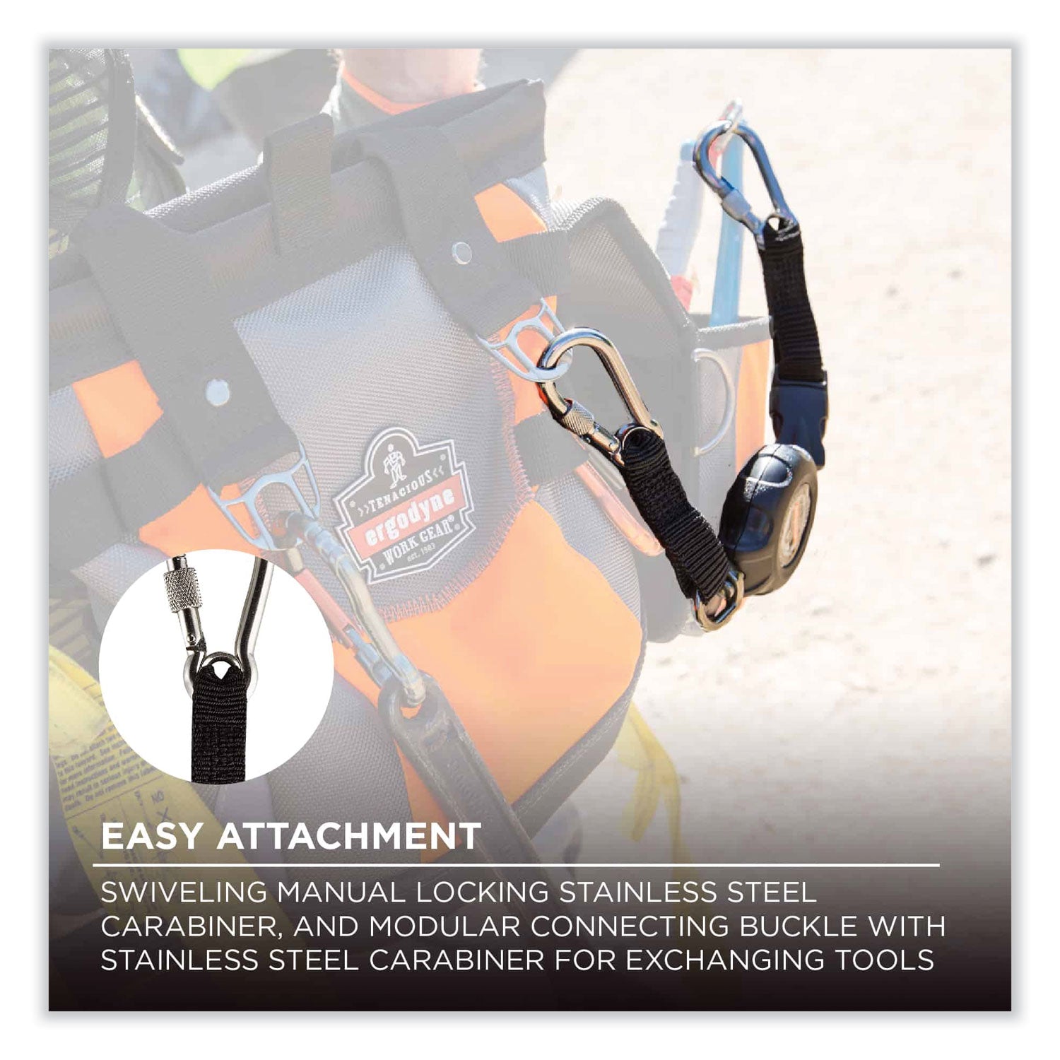 ergodyne® Squids 3000 Retractable Tool Lanyard with Carabiner Anchor, 1 lb Working Capacity, 48" Long, Black