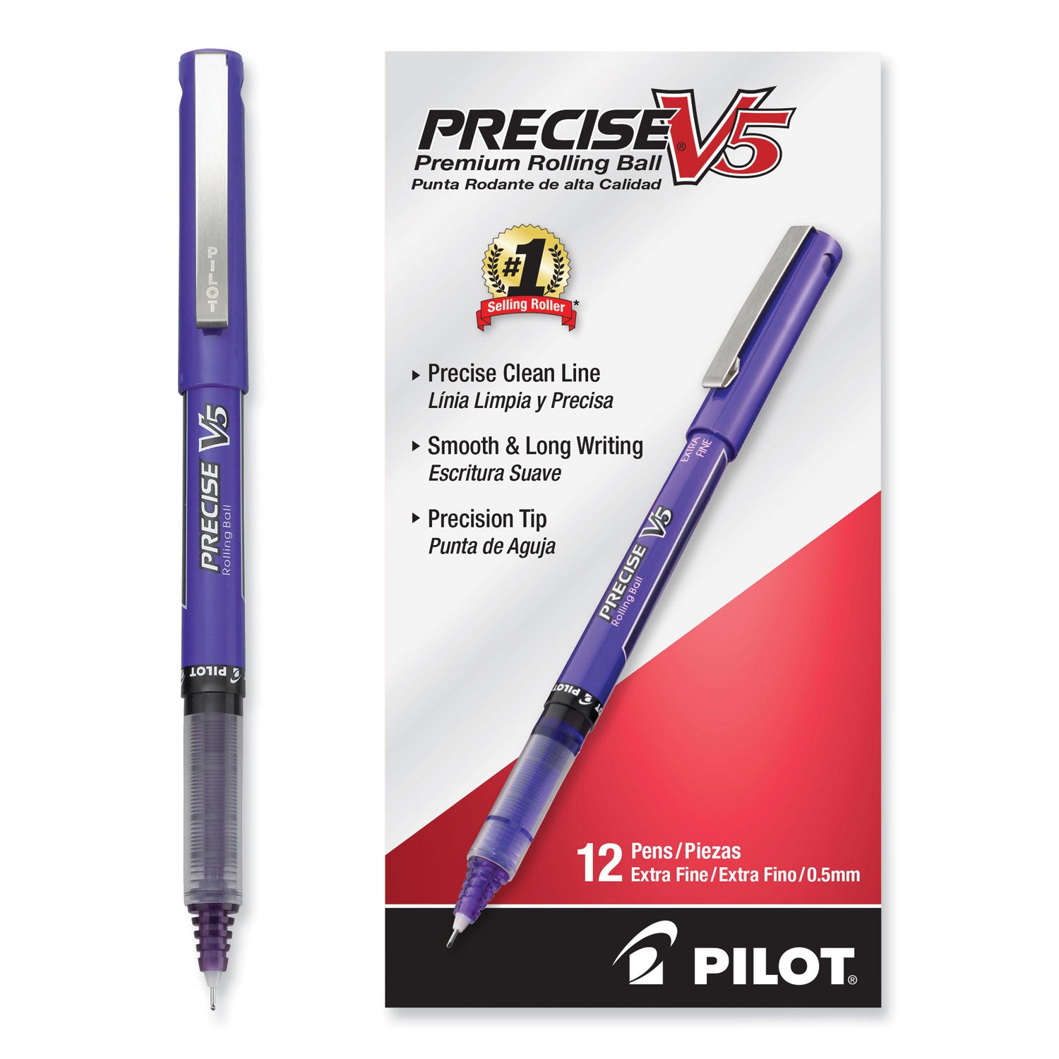 Pilot® Precise V5 Rollerball Pen, Stick, Extra-Fine 0.5 mm, Purple Ink, Purple/Clear Barrel, Dozen