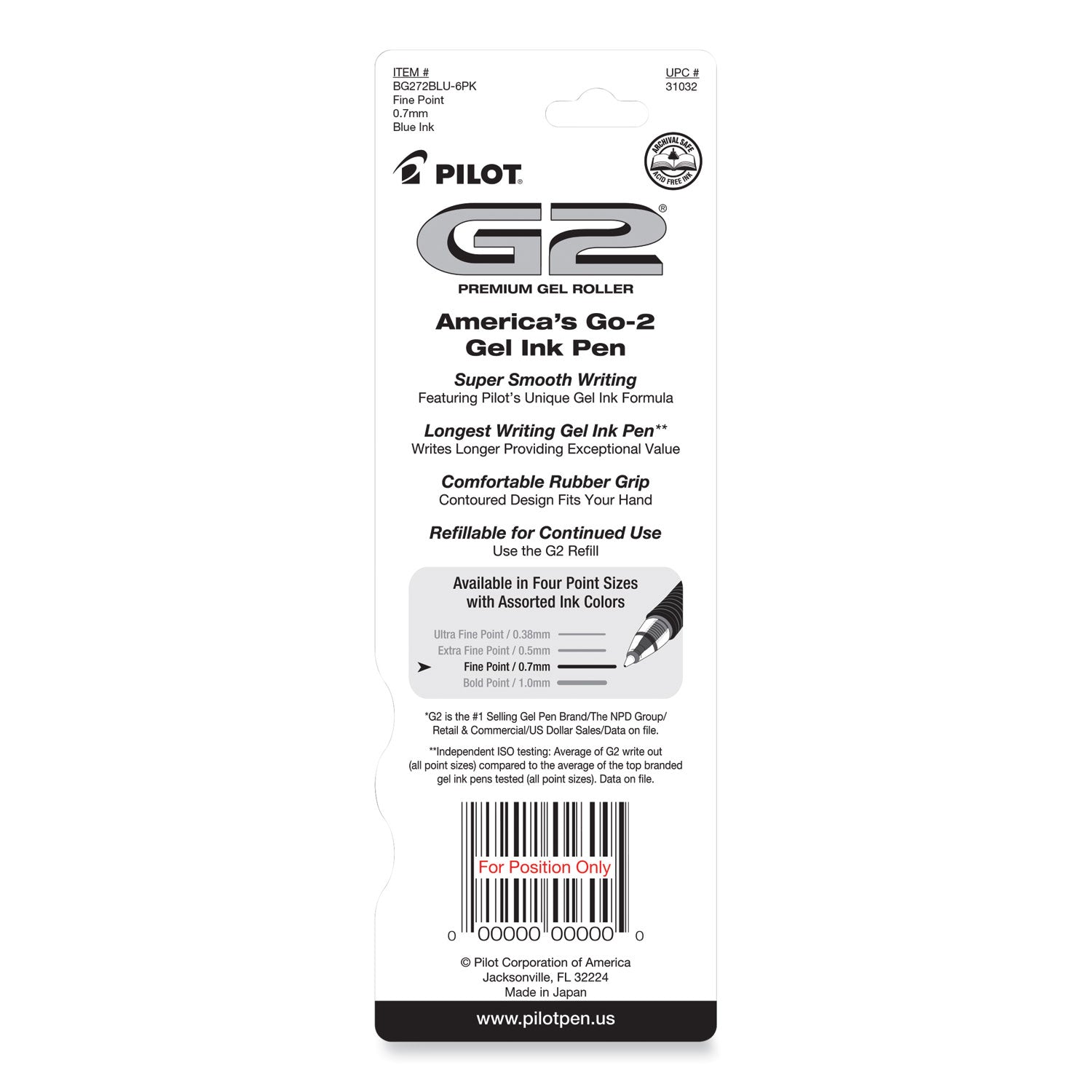 Pilot® G2 Premium Gel Pen, Retractable, Fine 0.7 mm, Blue Ink, Smoke/Blue Barrel, 2/Pack