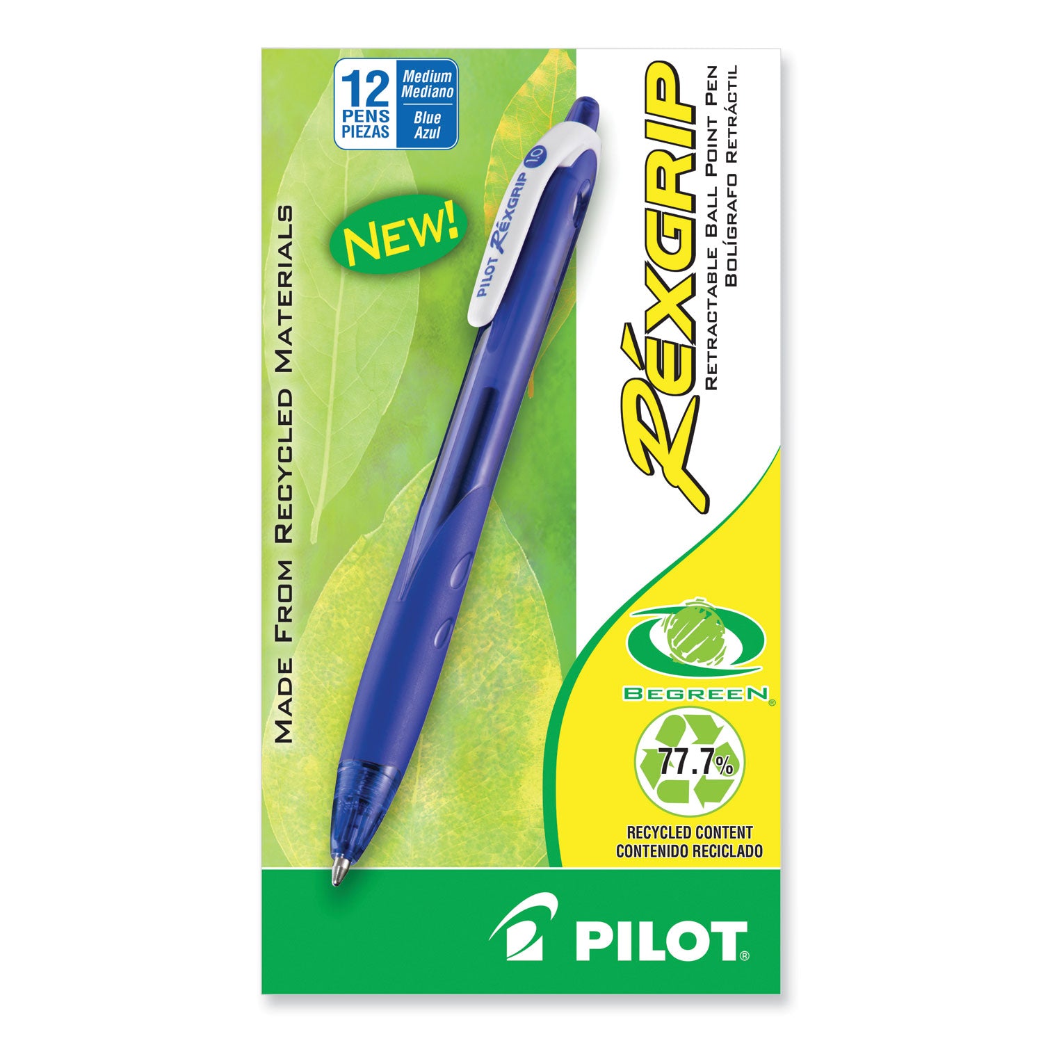 Pilot® RexGrip BeGreen Ballpoint Pen, Retractable, Medium 1 mm, Blue Ink, Translucent Blue Barrel, Dozen