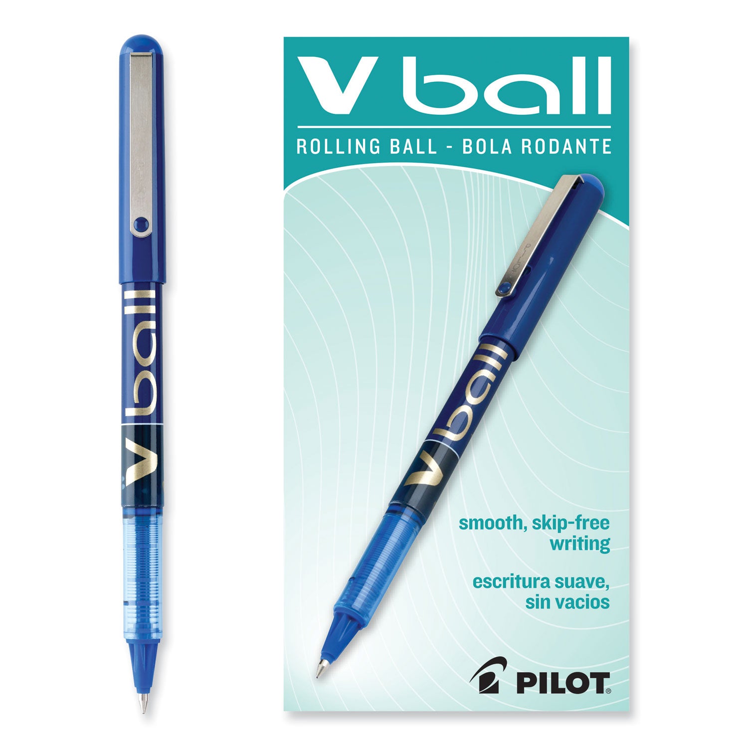Pilot® VBall Liquid Ink Rollerball Pen, Stick, Fine 0.7 mm, Blue Ink, Blue/Clear Barrel, Dozen