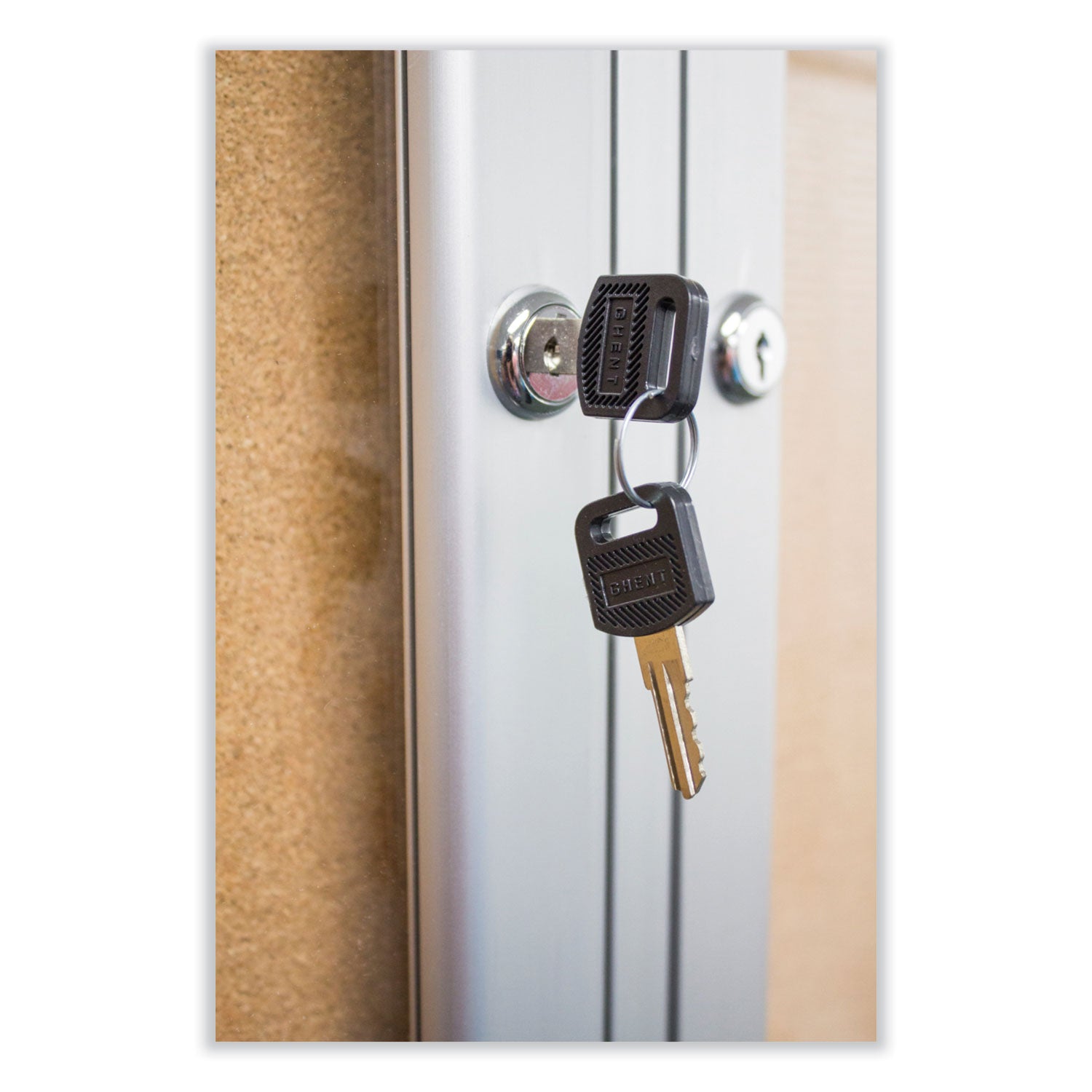 Ghent 3 Door Enclosed Vinyl Bulletin Board with Satin Frame, 72" x 48", Silver Surface, Satin Aluminum Frame