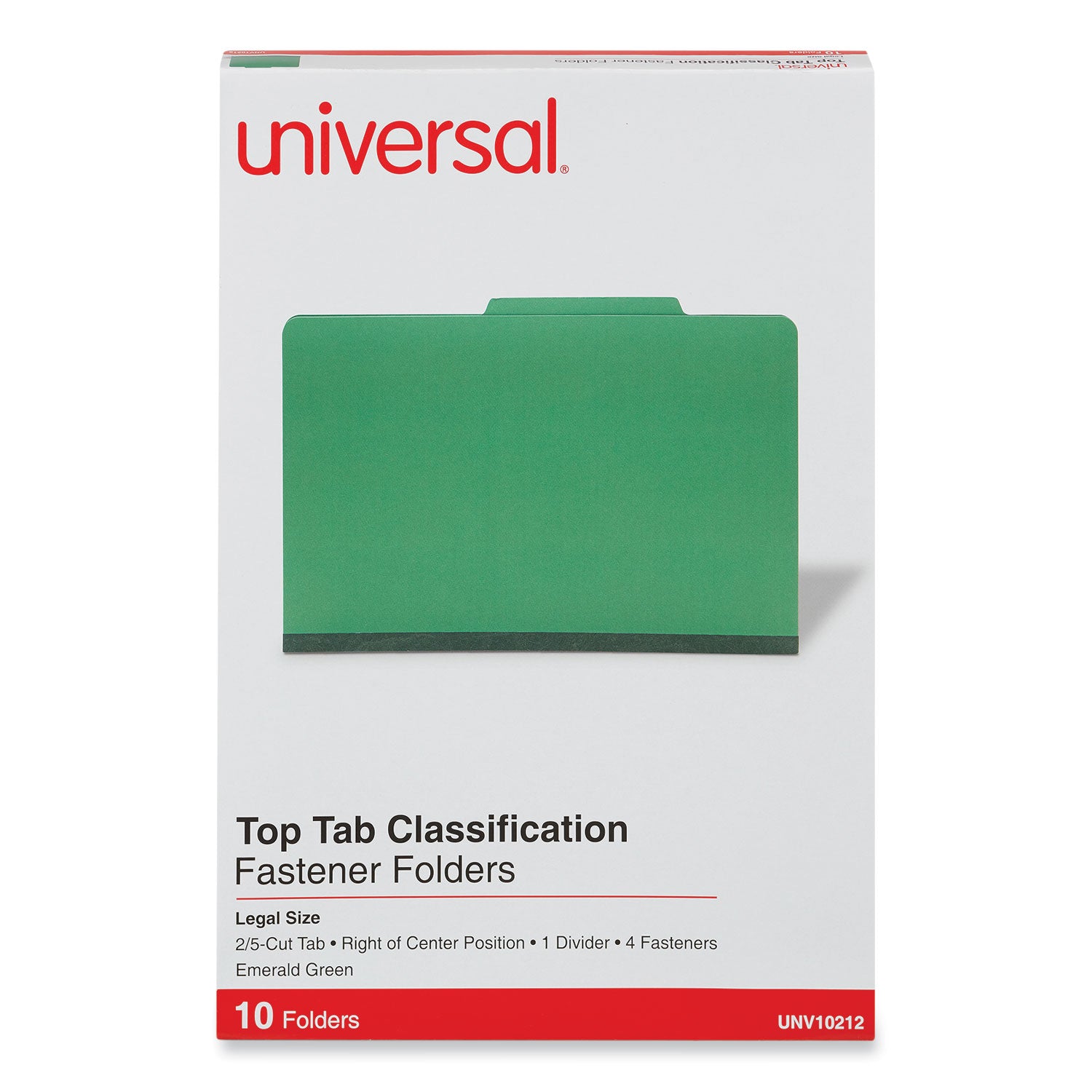 Universal® Bright Colored Pressboard Classification Folders, 2" Expansion, 1 Divider, 4 Fasteners, Legal Size, Emerald Green, 10/Box