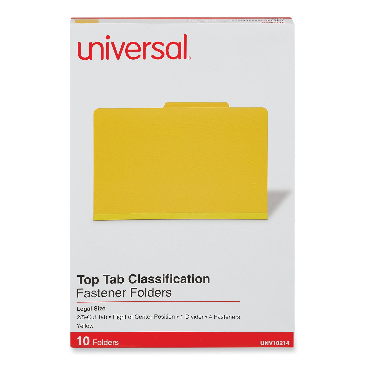 Universal® Bright Colored Pressboard Classification Folders, 2" Expansion, 1 Divider, 4 Fasteners, Legal Size, Yellow Exterior, 10/Box