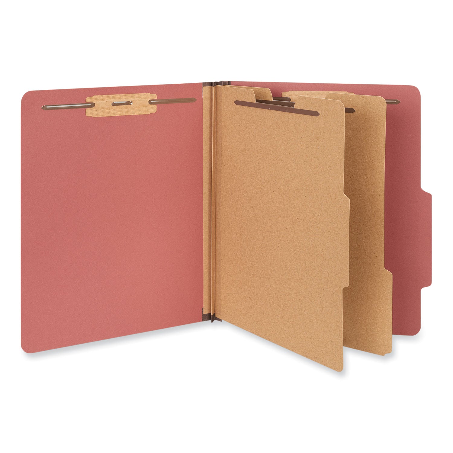 Universal® Six-Section Pressboard Classification Folders, 2" Expansion, 2 Dividers, 6 Fasteners, Letter Size, Red Exterior, 10/Box