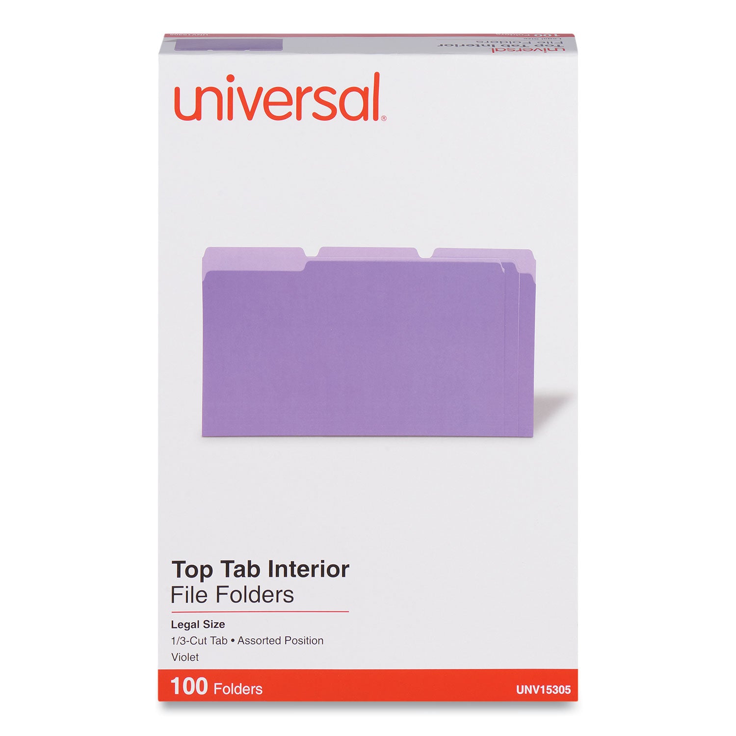 Universal® Interior File Folders, 1/3-Cut Tabs: Assorted, Legal Size, 11-pt Stock, Violet, 100/Box