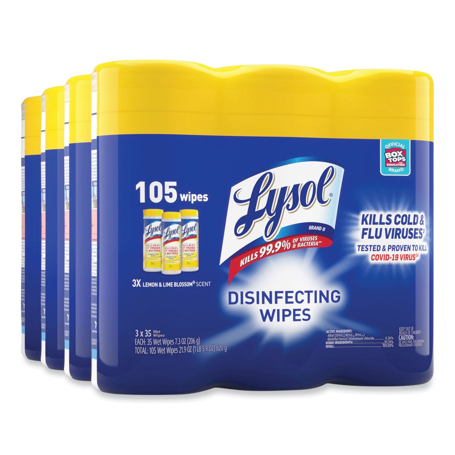LYSOL® Brand Disinfecting Wipes, 1-Ply, 7 x 7.25, Lemon and Lime Blossom, White, 35 Wipes/Canister, 3 Canisters/Pack