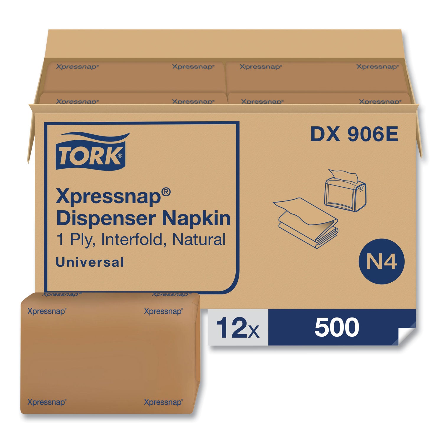 Tork® Xpressnap Interfold Dispenser Napkins, 1-Ply, Bag-Pack, 13 x 8.5, Natural, 500/Pack, 12 Packs/Carton