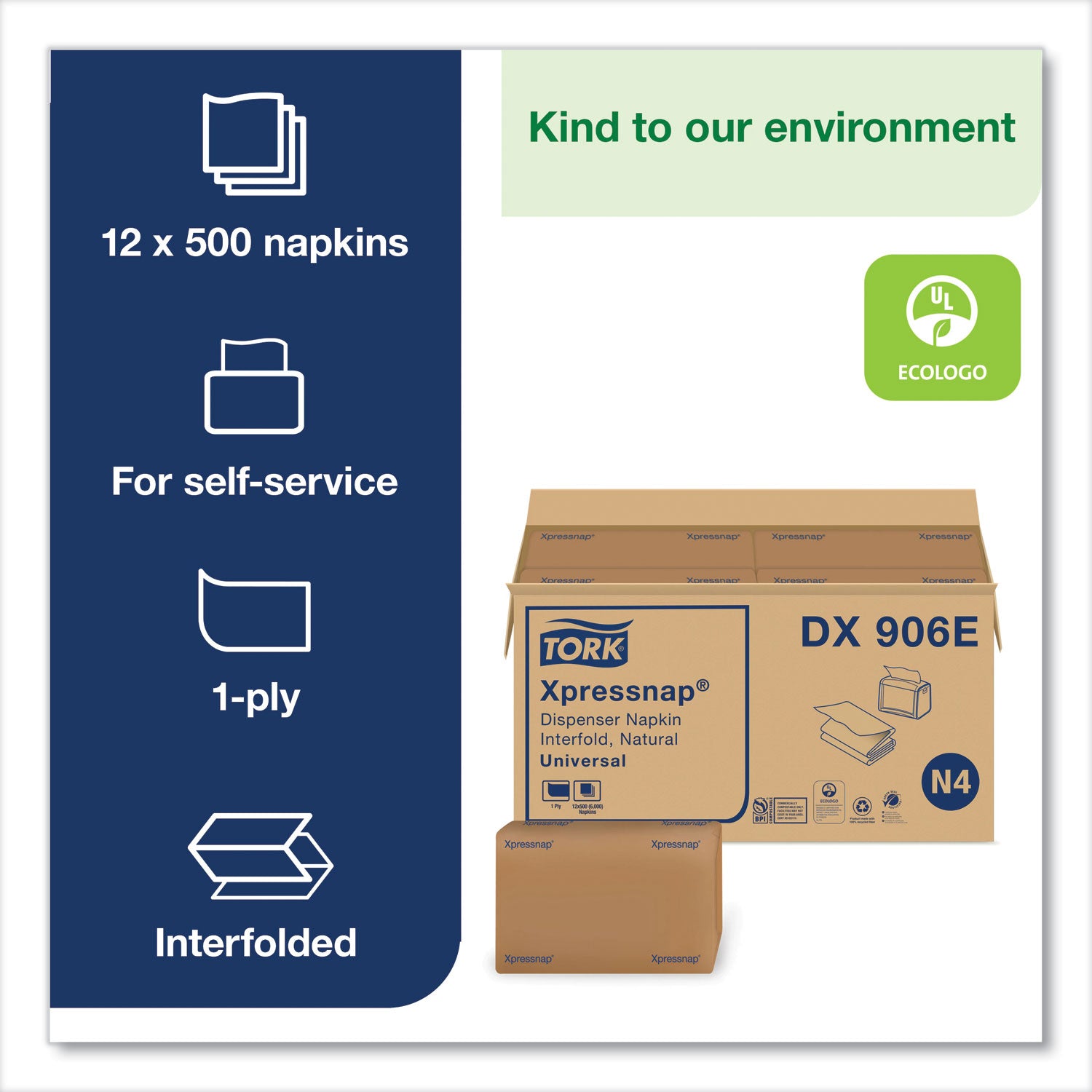 Tork® Xpressnap Interfold Dispenser Napkins, 1-Ply, Bag-Pack, 13 x 8.5, Natural, 500/Pack, 12 Packs/Carton