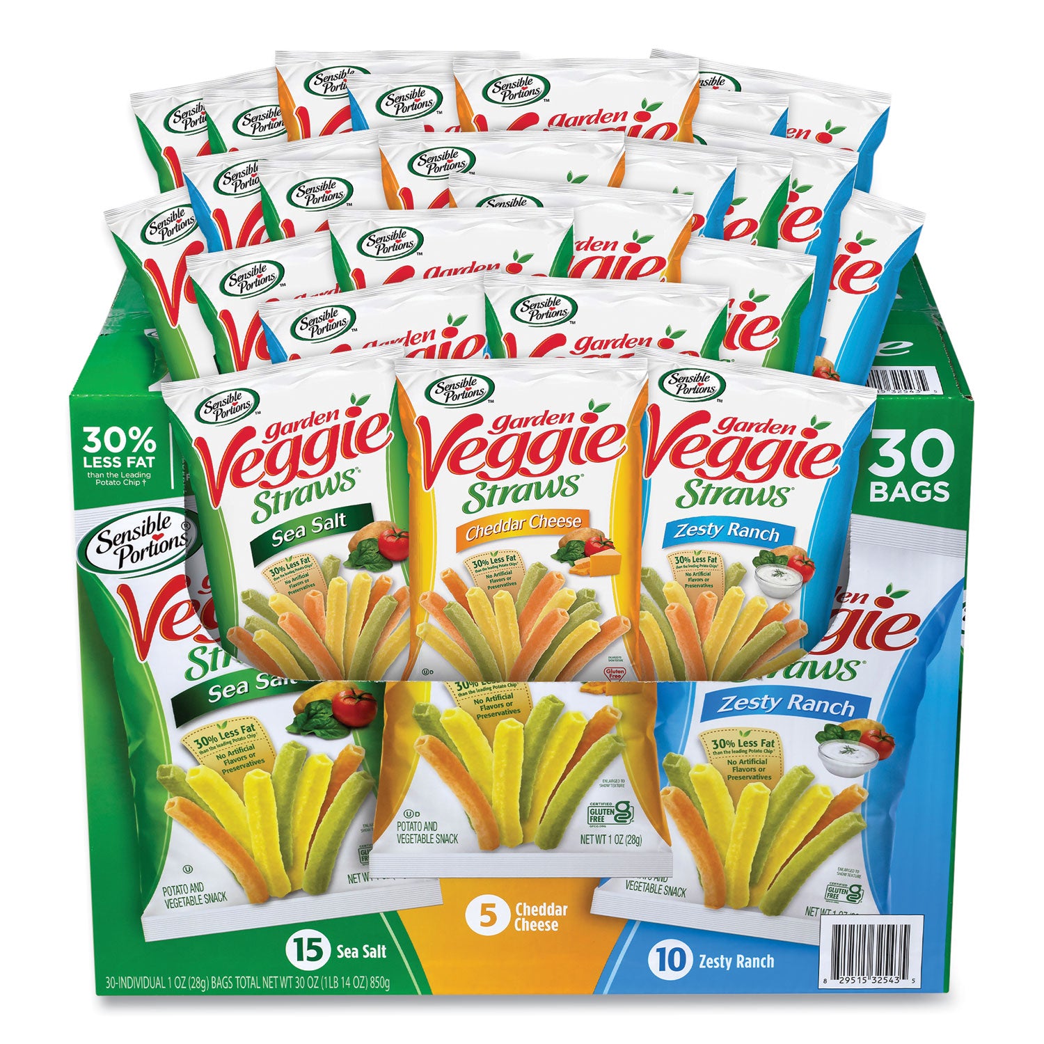 Veggie Straws, Cheddar Cheese/Sea Salt/Zesty Ranch, 1 oz Bag, 30 Bags/Carton