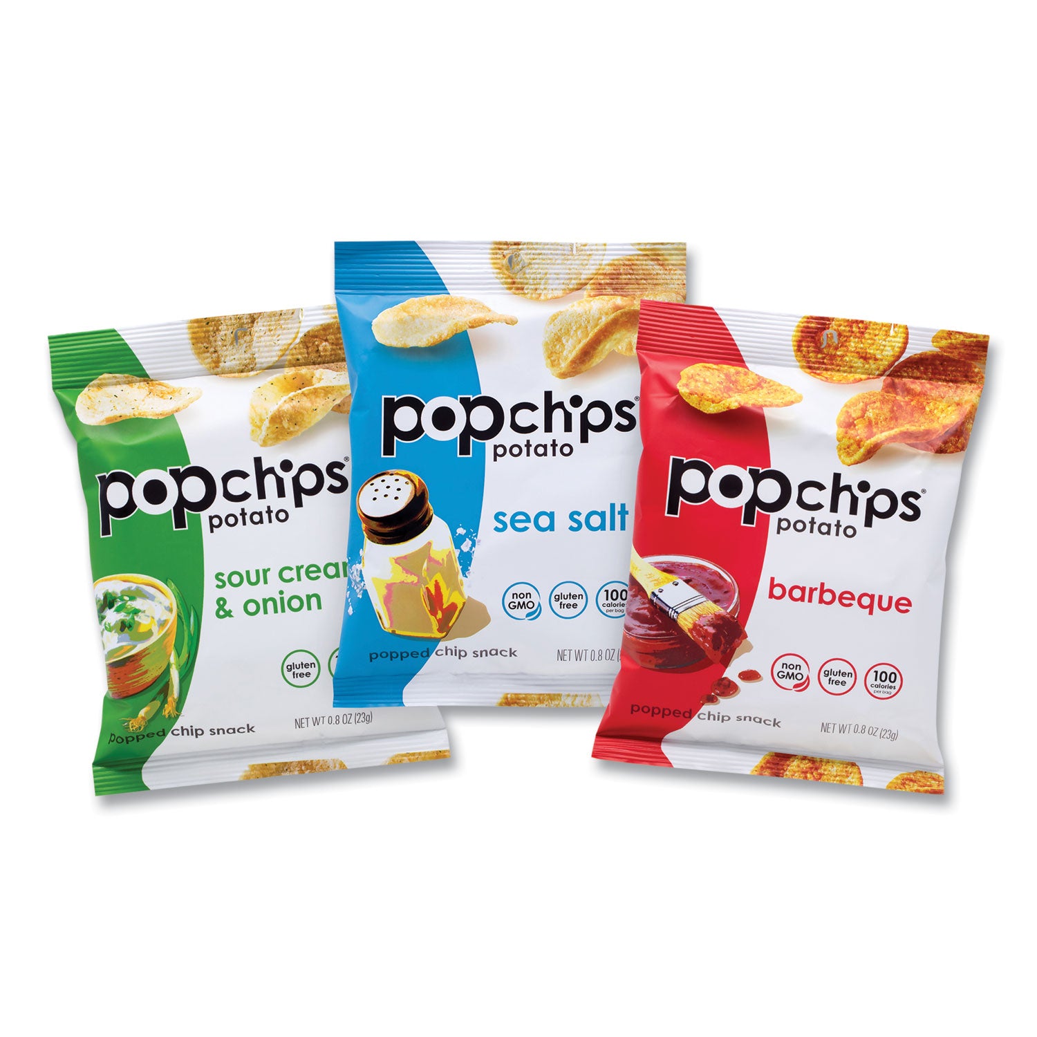 popchips® Potato Chips, Variety Pack, Barbeque, Sea Salt, Sour Cream and Onion, 0.8 oz Bag, 30/Pack