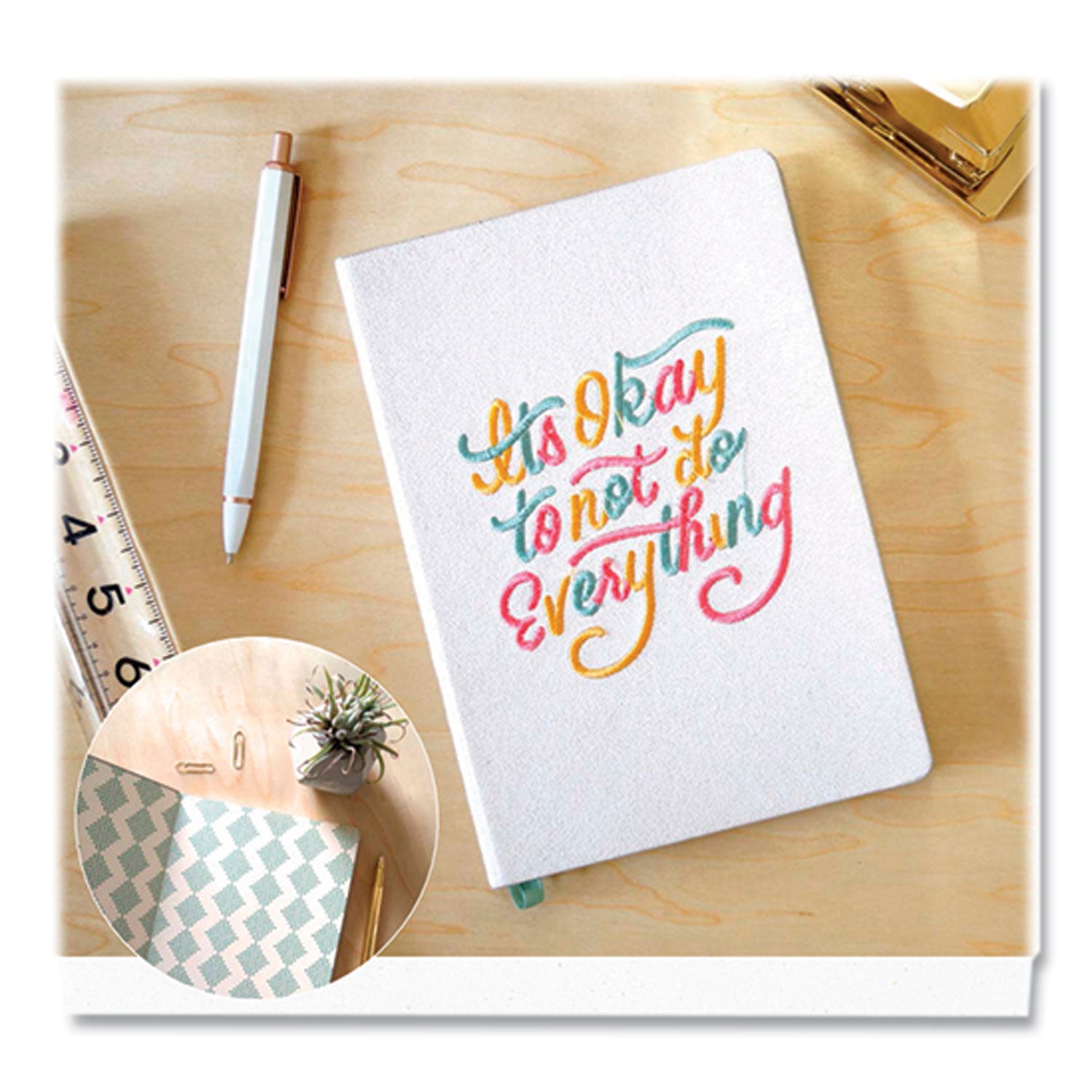 Denik Embroidered Vegan-Suede Layflat Hardbound Journal, Medium/college Rule, White Cover, (144) Sheets