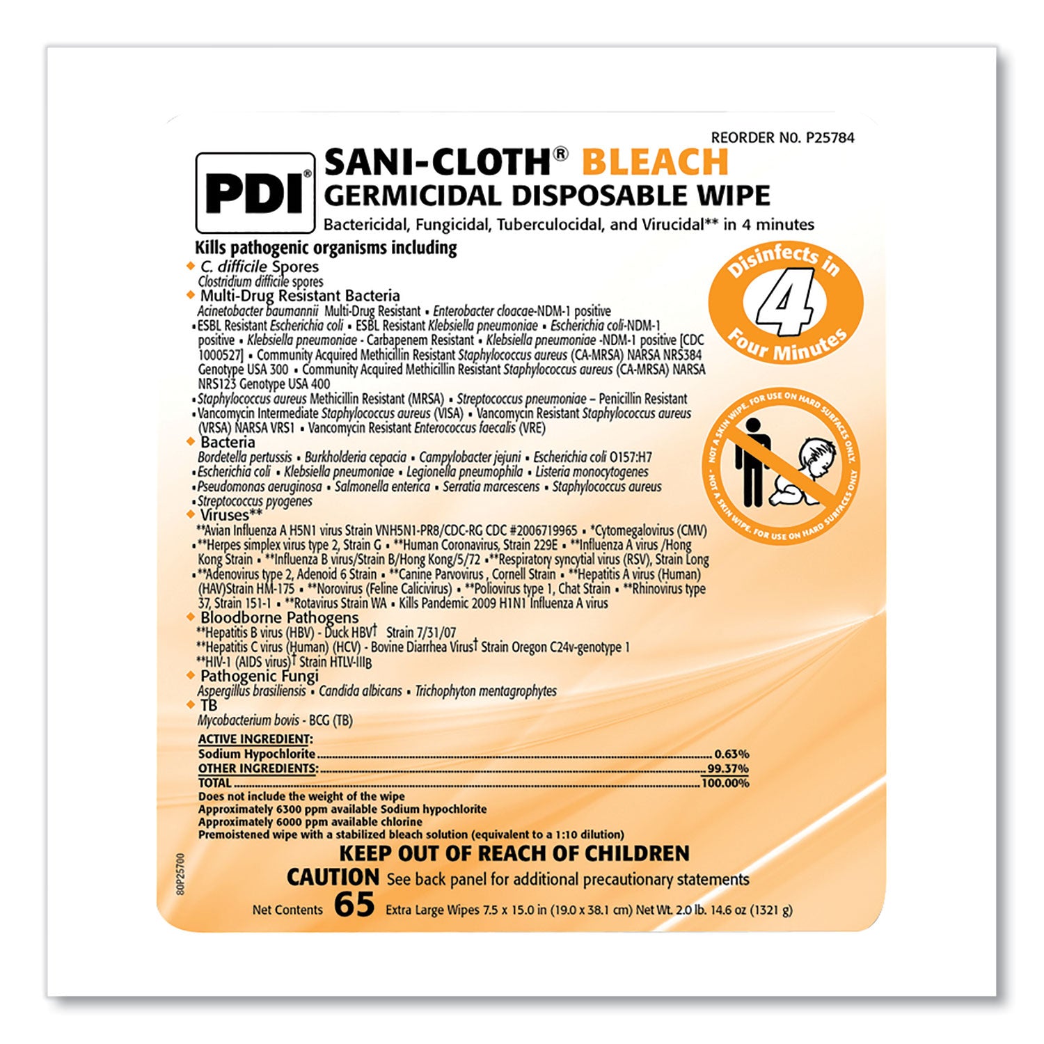 Sani Professional® Sani-Cloth Bleach Germicidal Disposable Wipes, 1-Ply, 7.5 X 15, Unscented, White, 65/pack